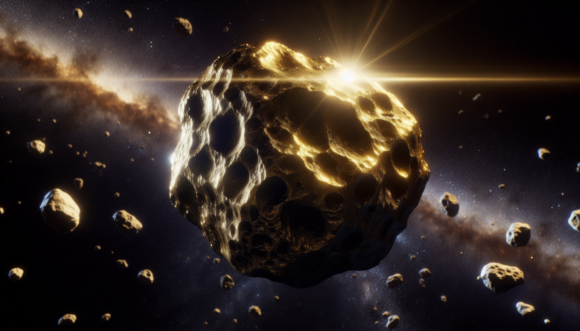 A stunning HD desktop wallpaper featuring a luminous asteroid surrounded by a field of smaller asteroids, set against a cosmic backdrop with glowing star-like highlights.