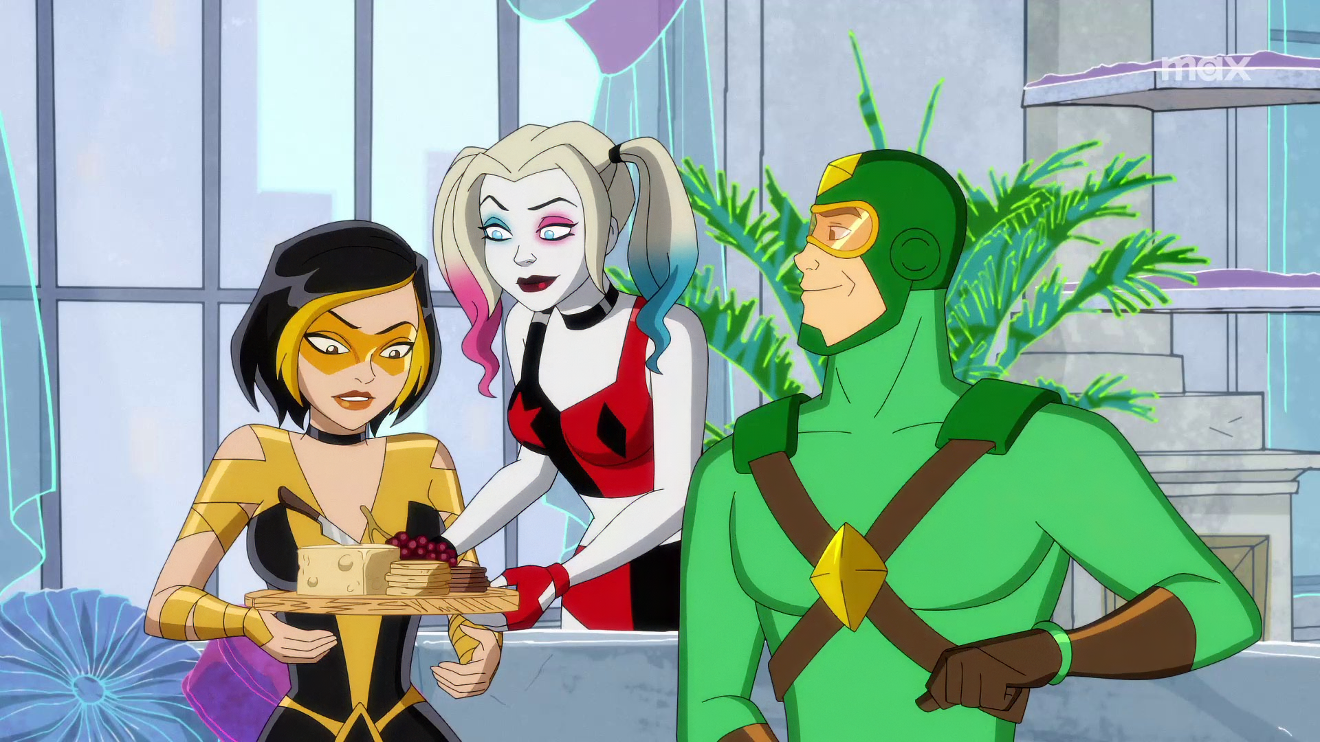Colorful HD wallpaper from the TV show Kite Man: Hell Yeah! featuring animated characters in a vibrant setting, with Harley Quinn presenting a cake to Kite Man and another character.