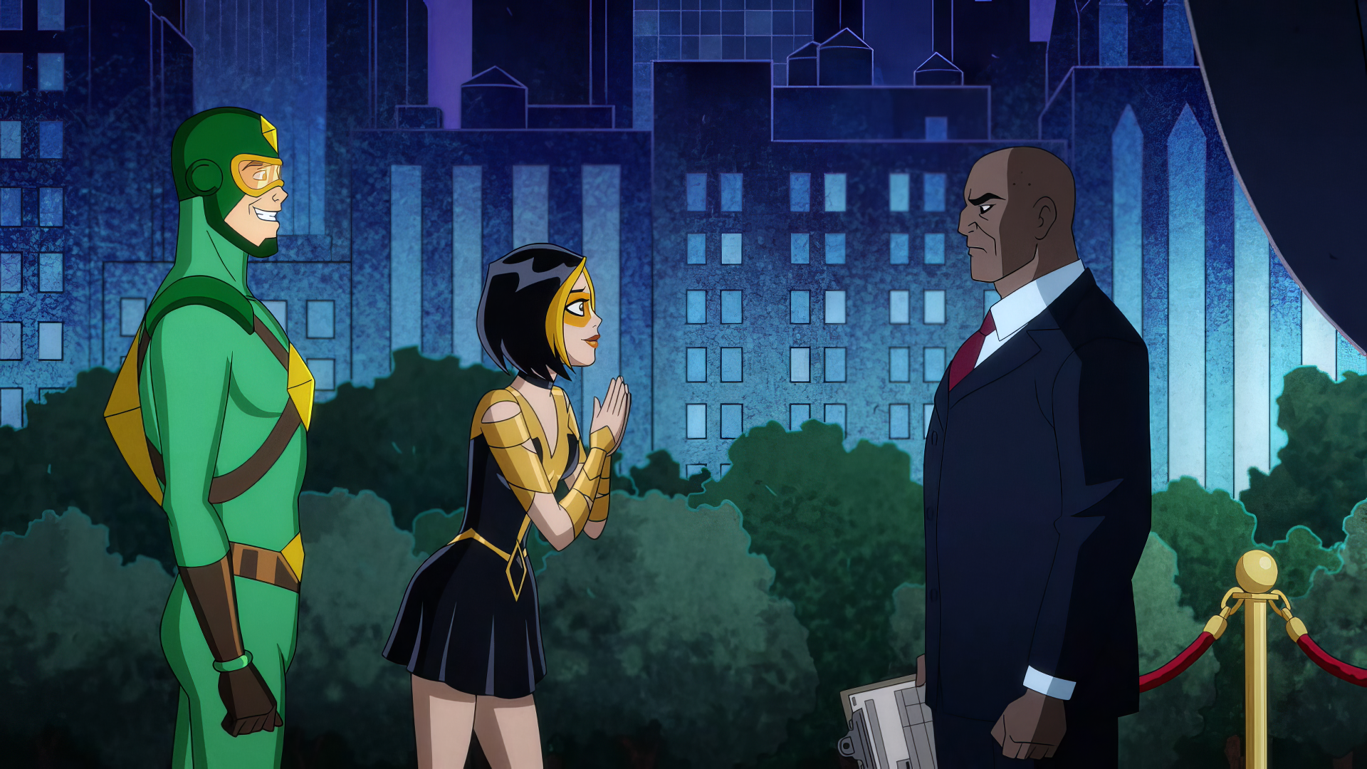 A colorful HD desktop wallpaper featuring characters from Kite Man: Hell Yeah! as they engage in a dynamic scene set against a vibrant city backdrop.