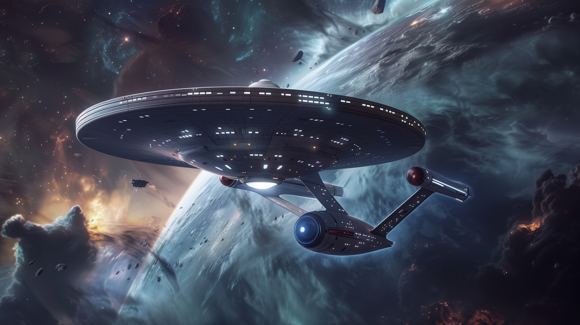 A stunning HD wallpaper featuring a sleek spacecraft navigating through vibrant cosmic scenery, embodying the essence of sci-fi and adventure in space.
