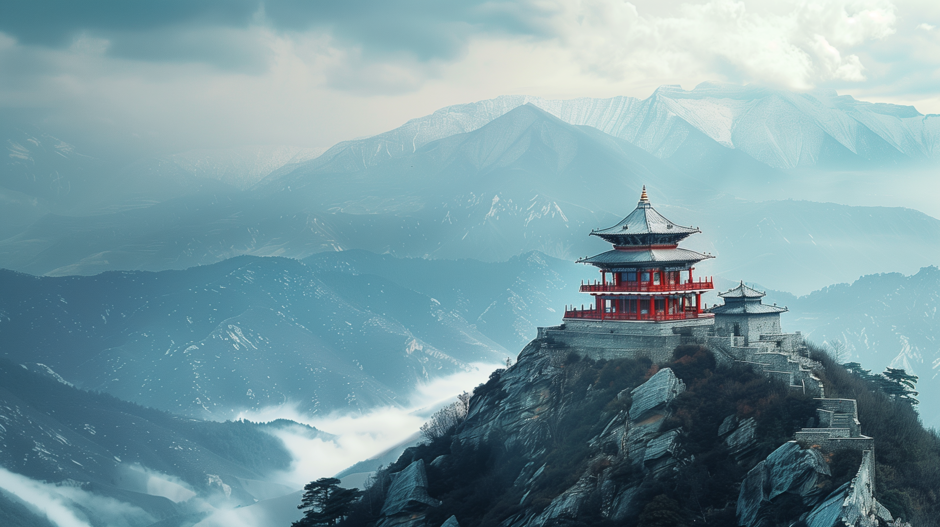 HD desktop wallpaper featuring a serene Buddhist temple perched on a rocky mountain surrounded by misty peaks under a cloudy sky.