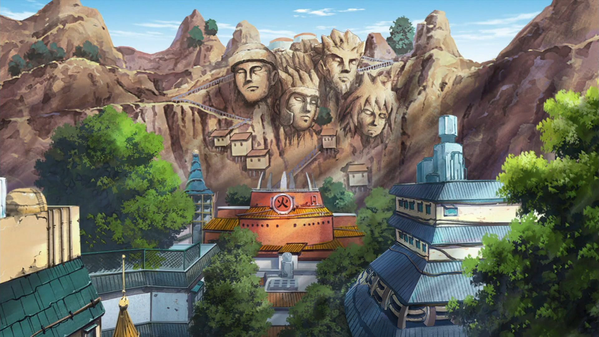 HD wallpaper featuring Konohagakure from the anime Naruto, showcasing the vibrant and iconic elements of the series in a visually striking background.