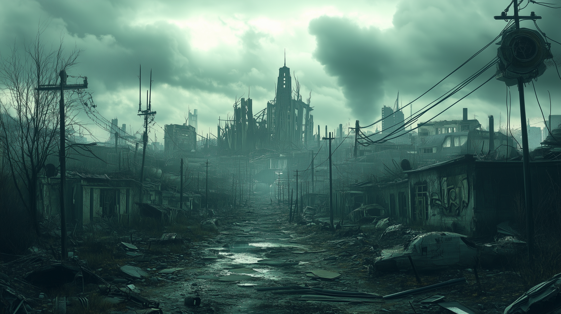 A stunning HD desktop wallpaper featuring a post-apocalyptic scene from the Fallout video game, capturing the desolate beauty of a world rebuilt after catastrophe.