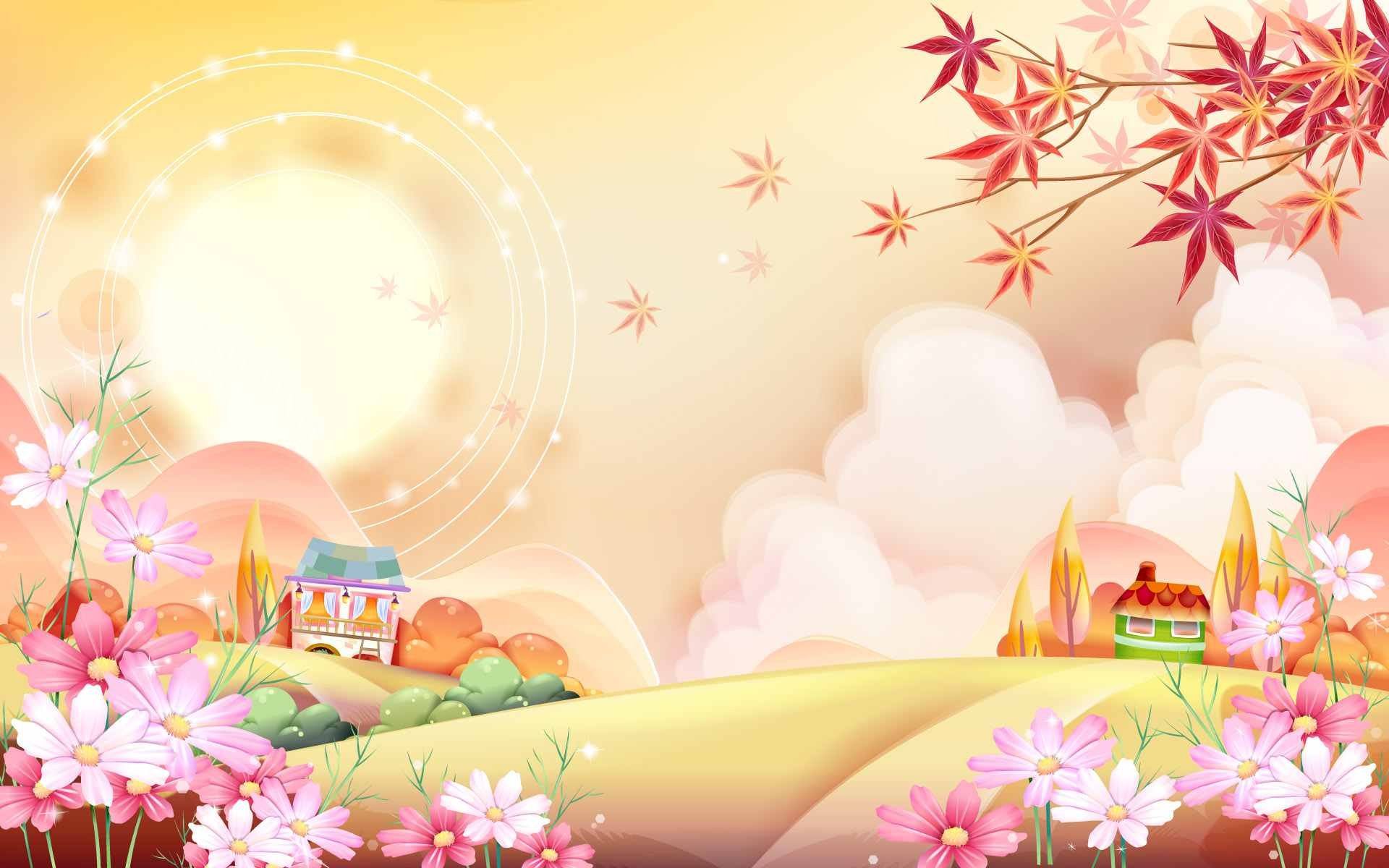A vibrant HD desktop wallpaper featuring a serene landscape with pink flowers, colorful houses, and a warm sunlit sky, creating an artistic and tranquil atmosphere.