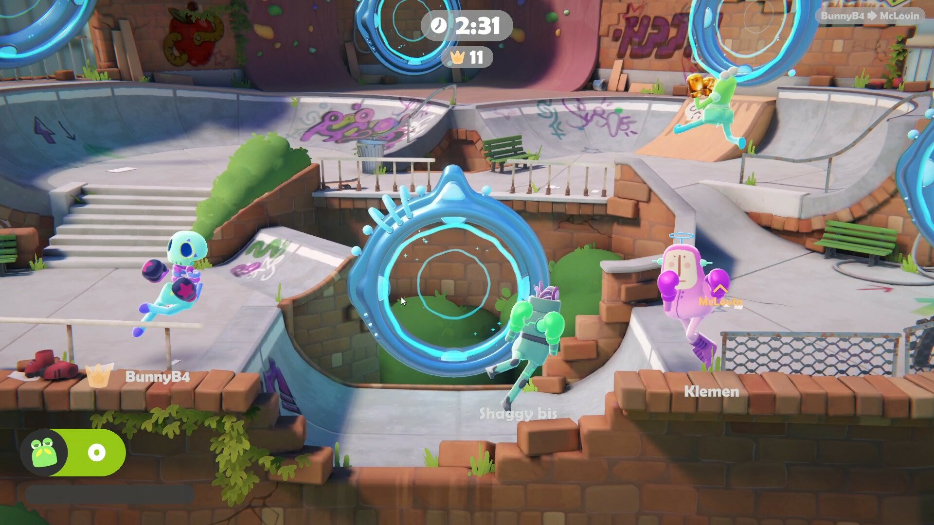 Colorful scene from the video game Bare Butt Boxing, featuring vibrant characters in a dynamic urban setting, engaging in playful action amidst graffiti and unique architecture.