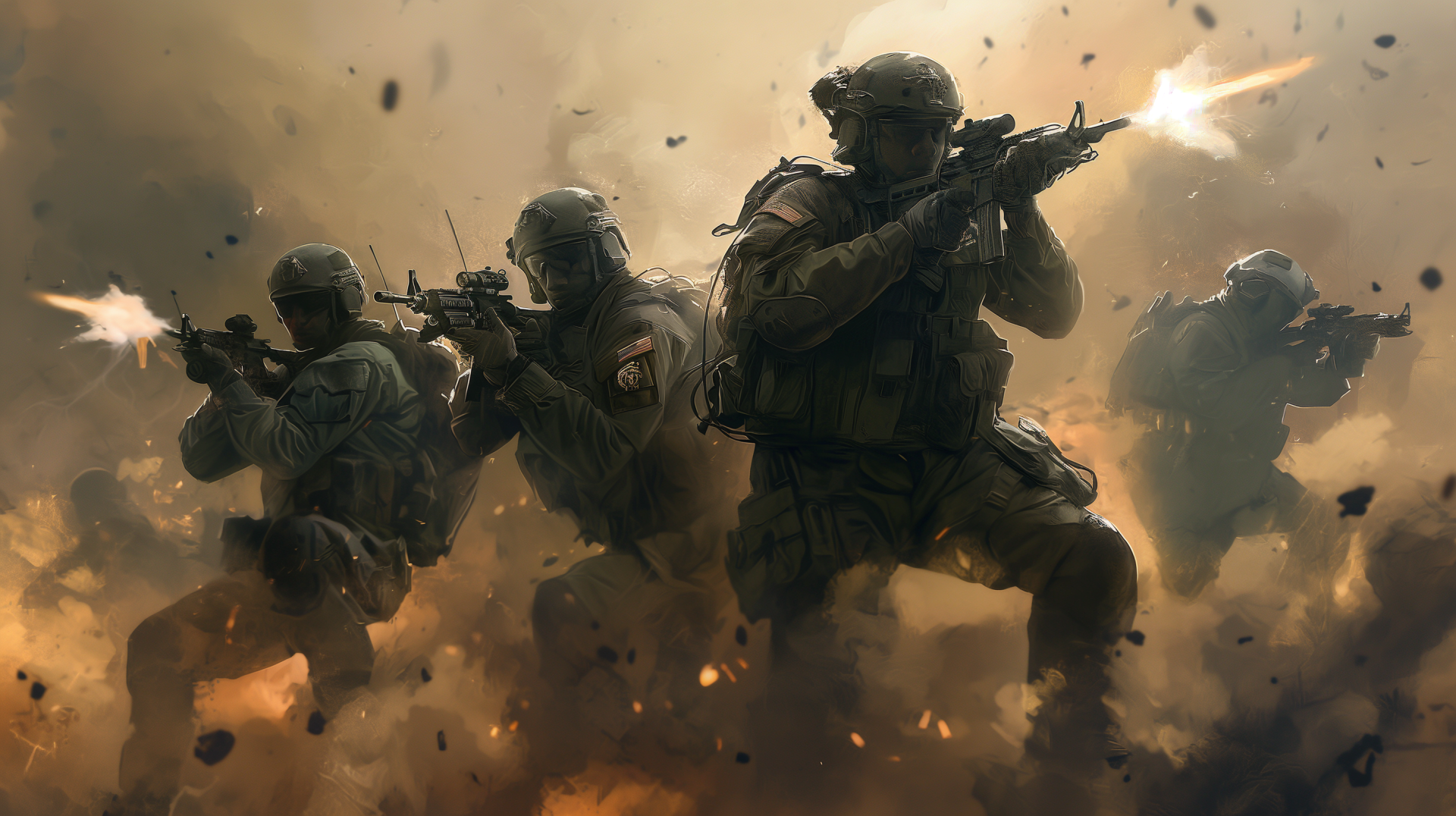 HD Call of Duty fan art desktop wallpaper depicting four armed soldiers in tactical gear firing weapons amid smoky battlefield chaos.