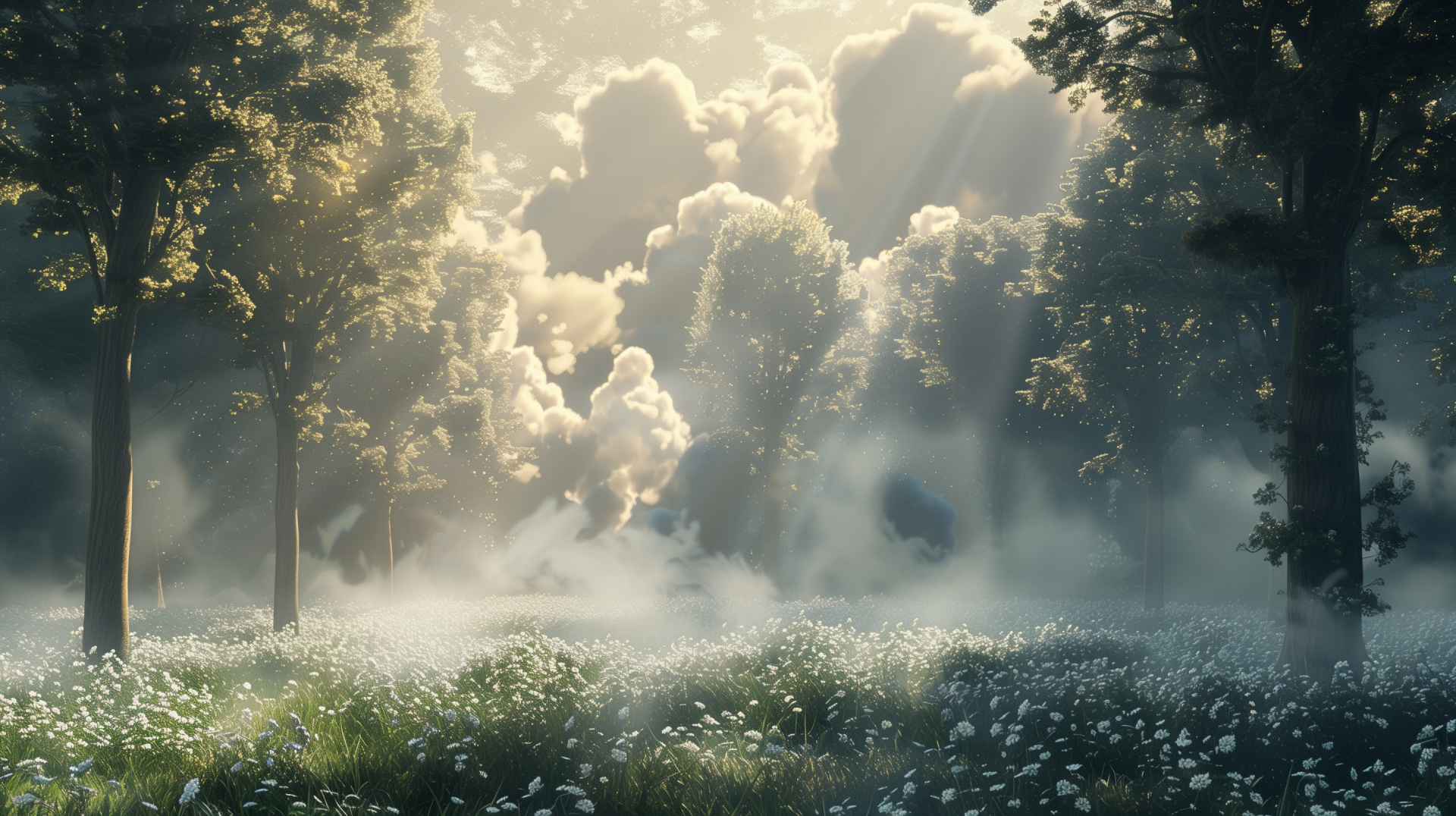 HD PC desktop wallpaper of a surreal forest scene with mist rising among dense trees and soft sunlight filtering through the clouds.