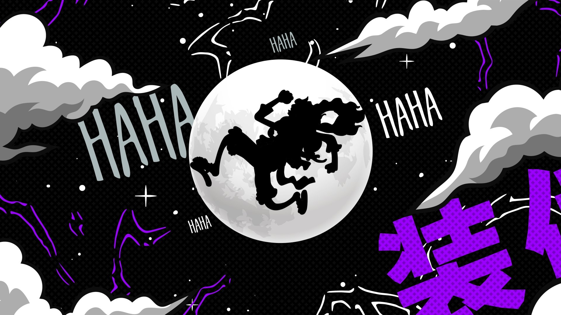 An 8K Ultra HD anime wallpaper featuring Monkey D. Luffy in Gear 5 from One Piece, silhouetted against a bright full moon with HAHA text and dynamic comic-style elements.