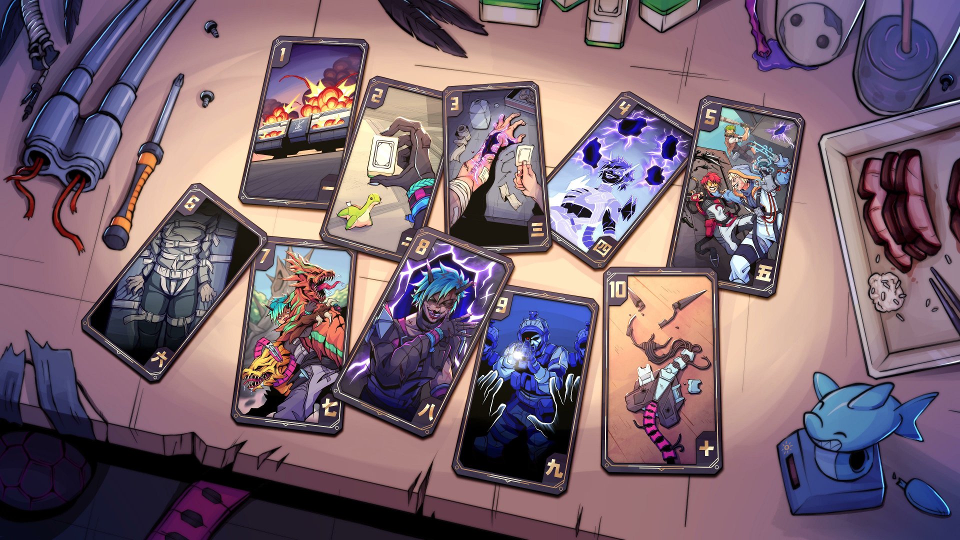 4K Ultra HD PC desktop wallpaper: Apex Legends video game art depicted as stylized character and weapon trading cards spread across a cluttered worktable, bright sci‑fi colors and gear.