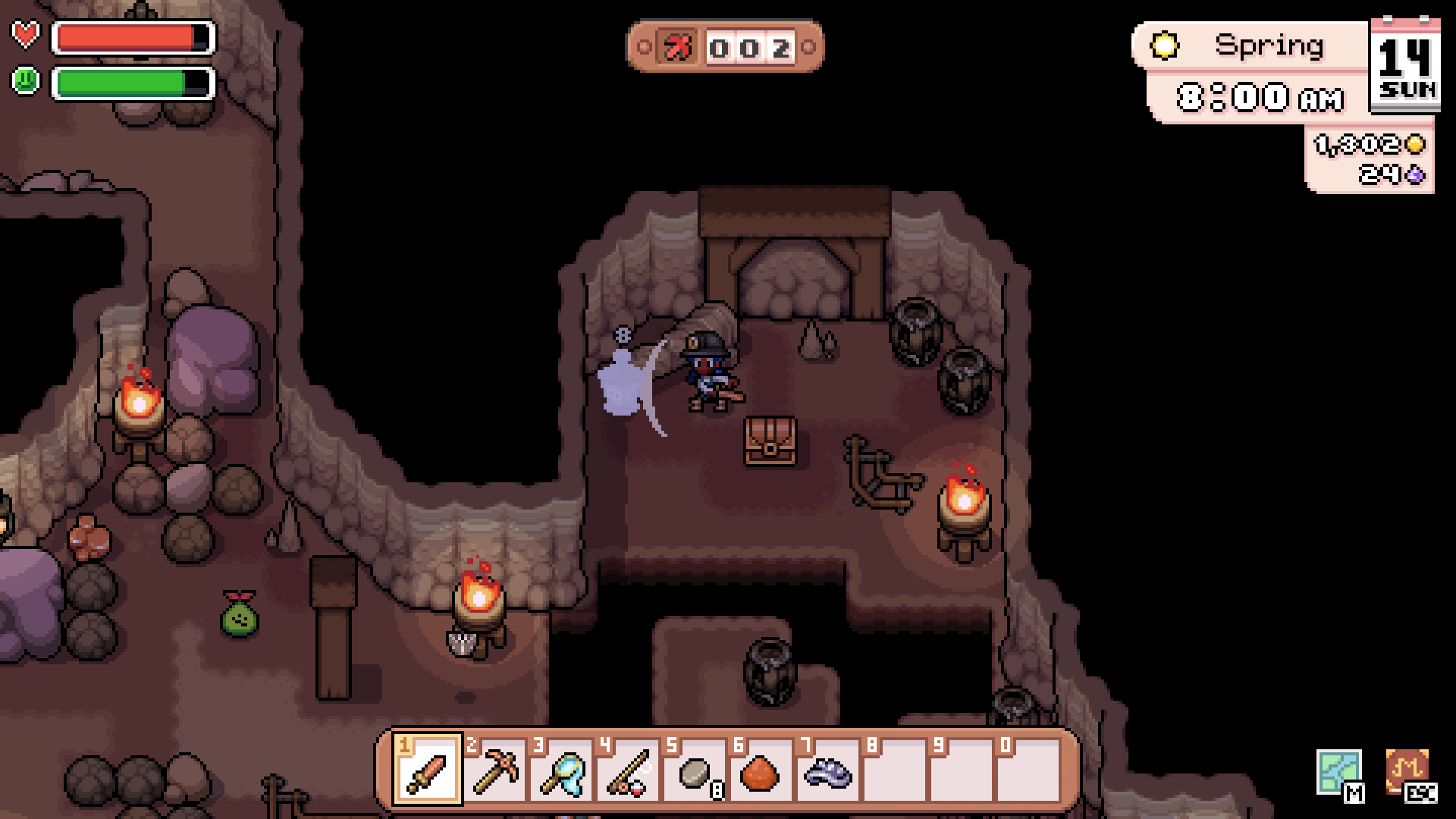 An HD desktop wallpaper from the video game Fields of Mistria, featuring a character exploring a dark cave filled with treasures, lanterns, and eerie creatures. 