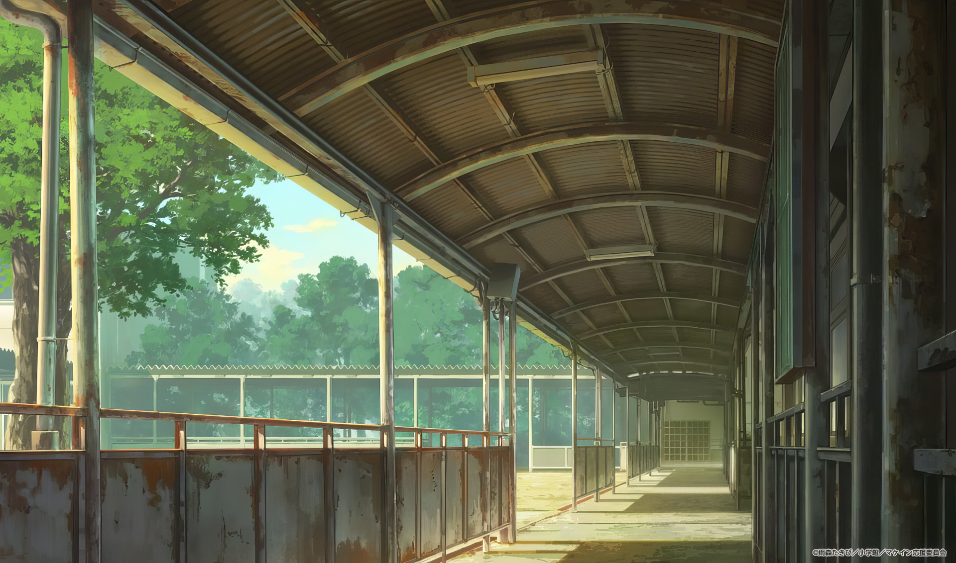 A serene corridor bathed in soft light, surrounded by greenery, capturing the essence of the anime Too Many Losing Heroines! This HD wallpaper enhances any desktop background.