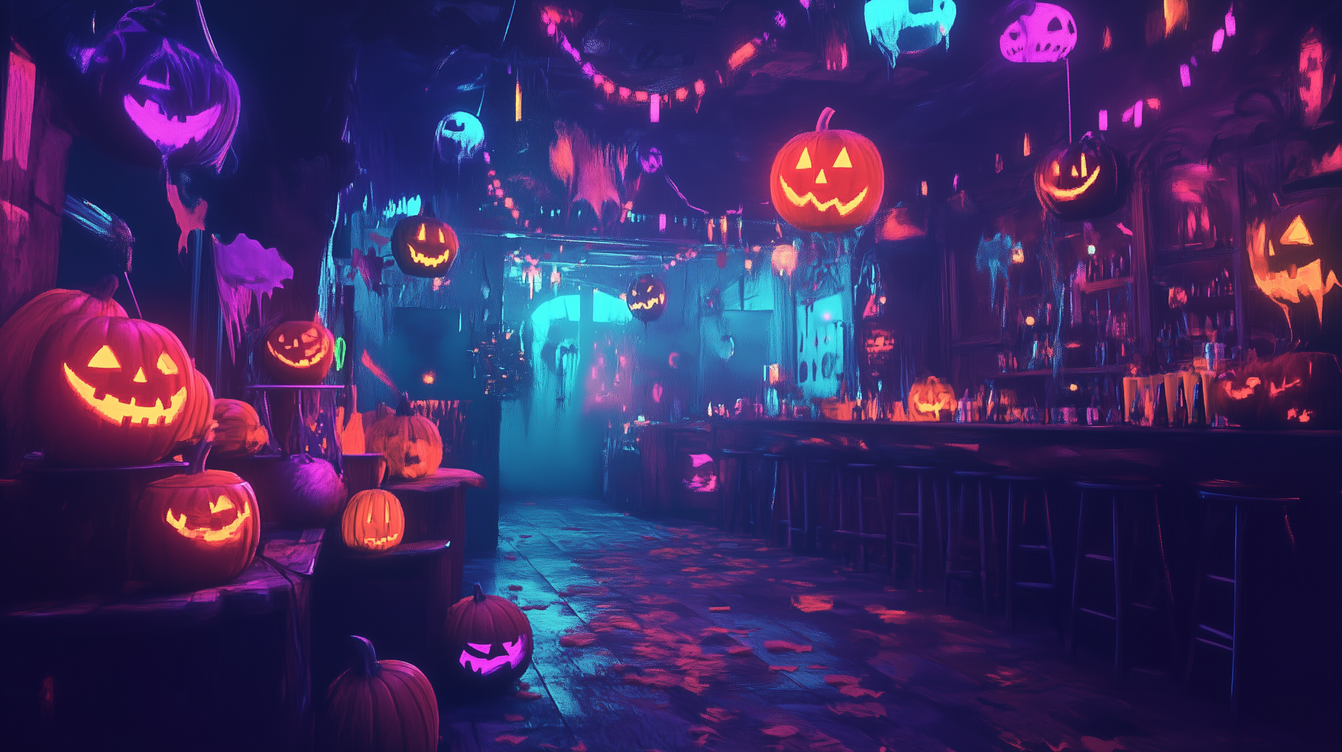 A vibrant Halloween party scene featuring glowing jack-o'-lanterns, colorful decorations, and a festive atmosphere, designed as an HD desktop wallpaper and background.