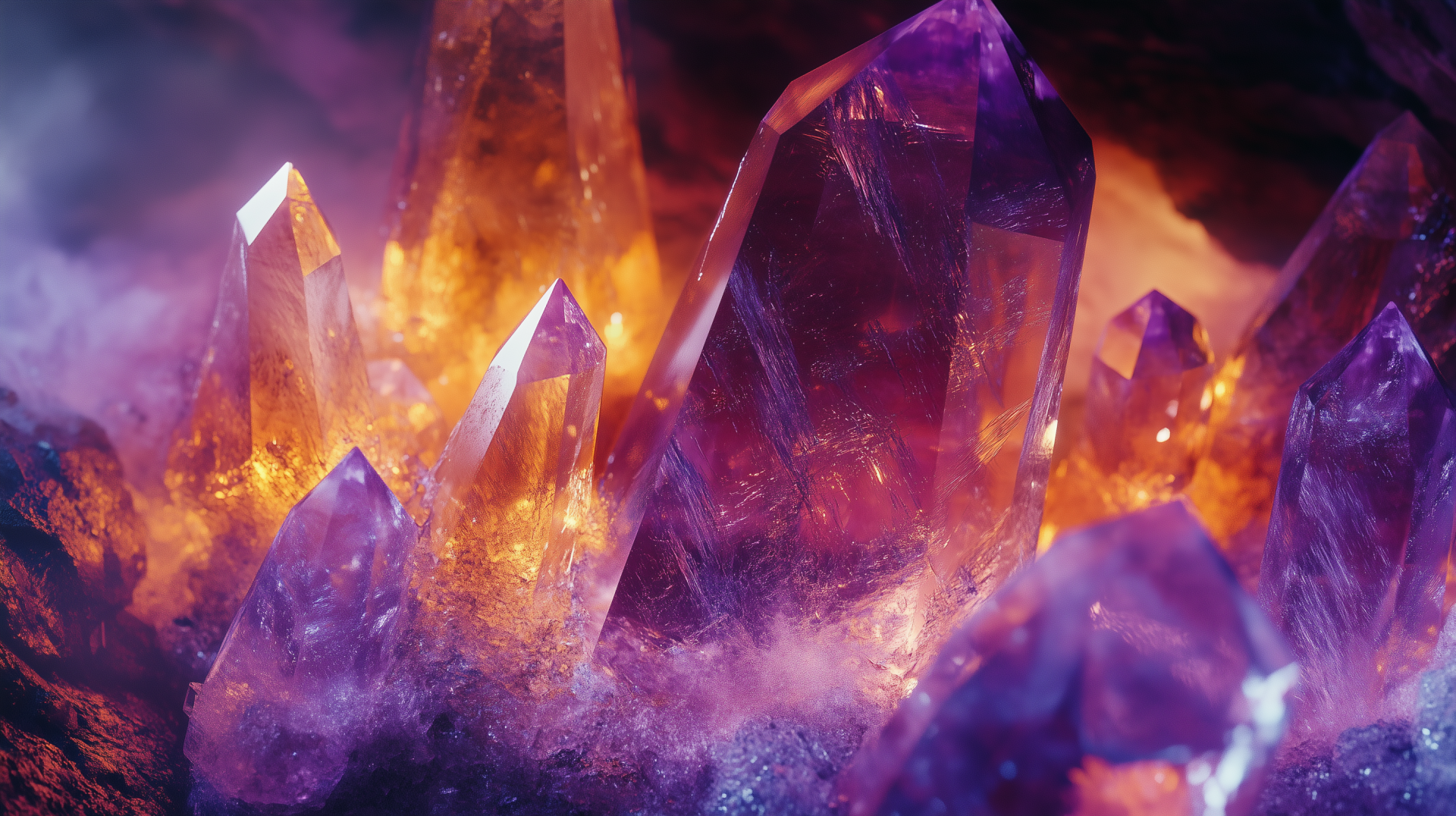 A stunning HD desktop wallpaper featuring vibrant purple crystals illuminated by a warm glow, surrounded by a smoky mist, creating a mystical and captivating atmosphere.