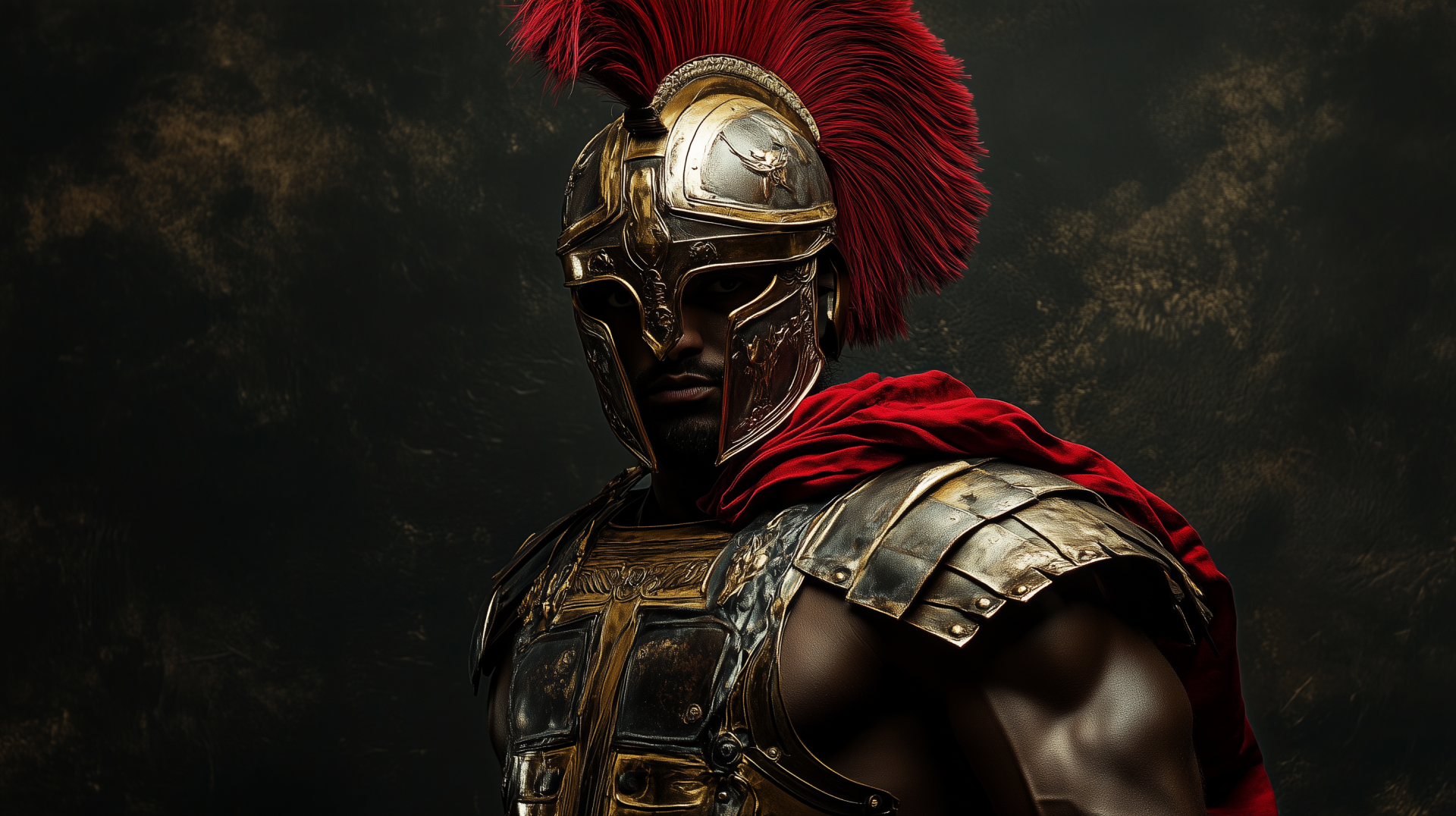A dramatic HD wallpaper featuring a Roman gladiator in ornate armor, complete with a striking red plume and a fierce expression, embodying strength and bravery.