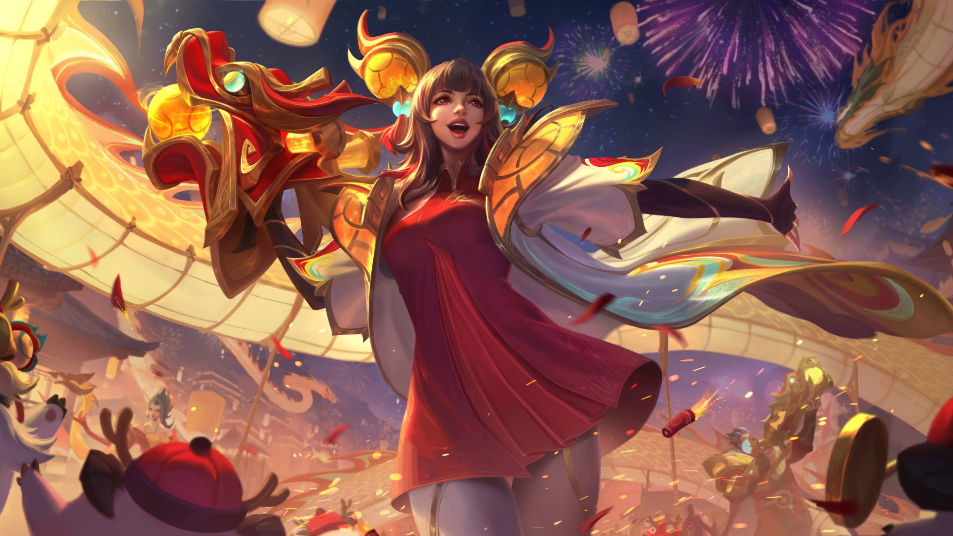 A vibrant HD wallpaper showcasing Zeri from League of Legends: Wild Rift, celebrating with fireworks and festive decorations, embodying the game's energetic aesthetic.