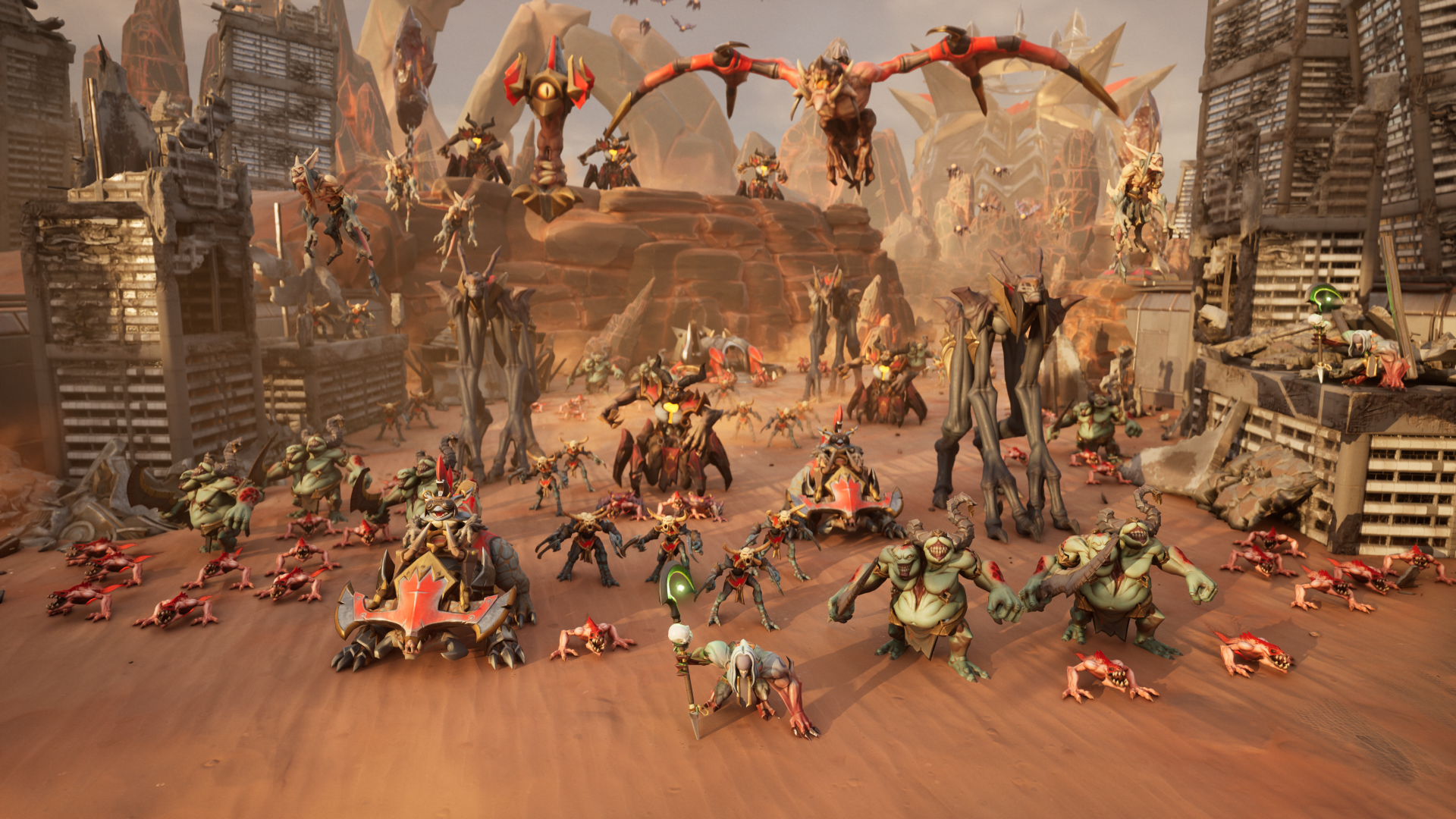 A stunning HD desktop wallpaper from the video game Stormgate, featuring a dynamic scene with various mythical creatures and a battle-ready landscape, full of vibrant detail and action.