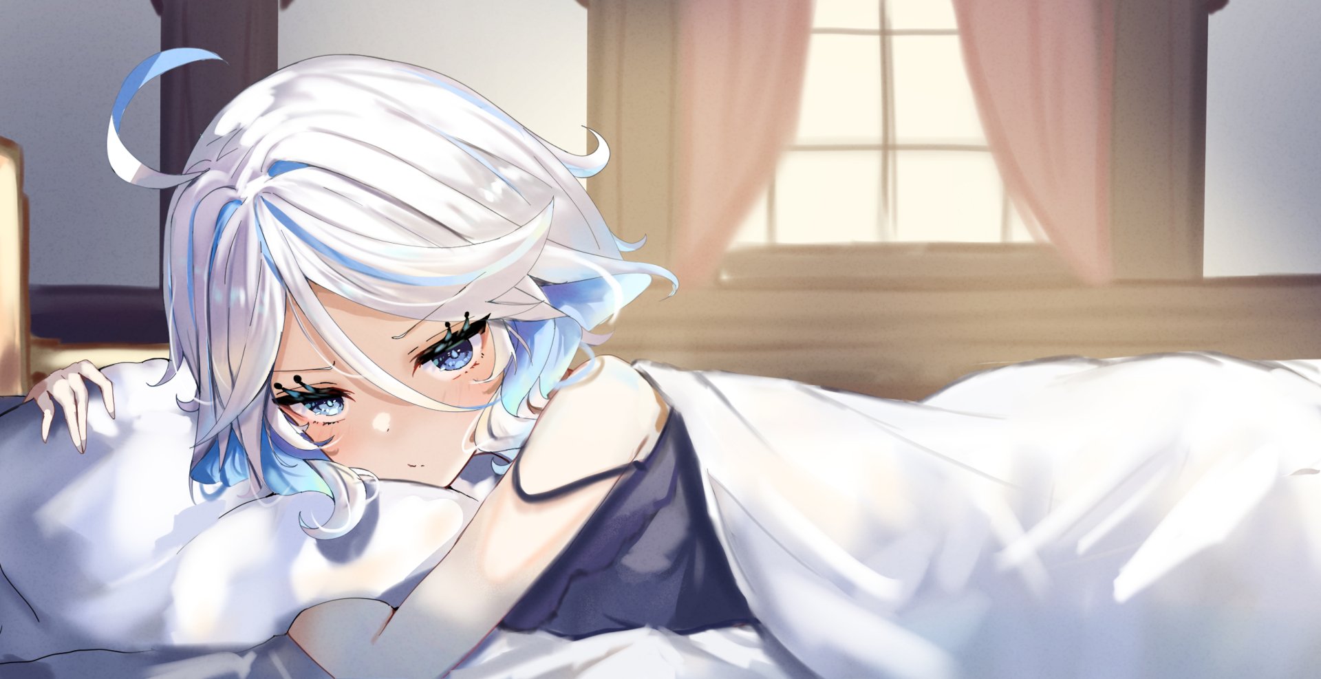 HD PC desktop wallpaper featuring Furina and Aether from Genshin Impact, depicting a close-up of a girl with white hair resting in a softly lit room.