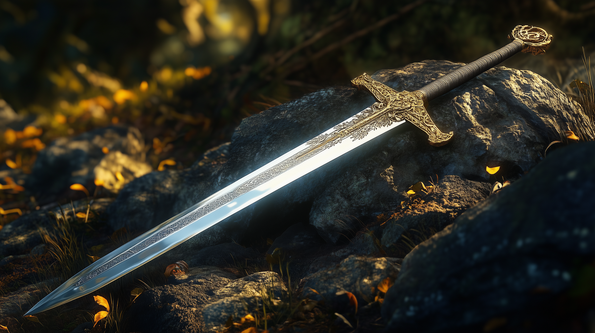 A legendary sword rests on a rocky surface, illuminated by soft, warm light, evoking a fantasy atmosphere. This HD wallpaper captures a moment of mythical allure.