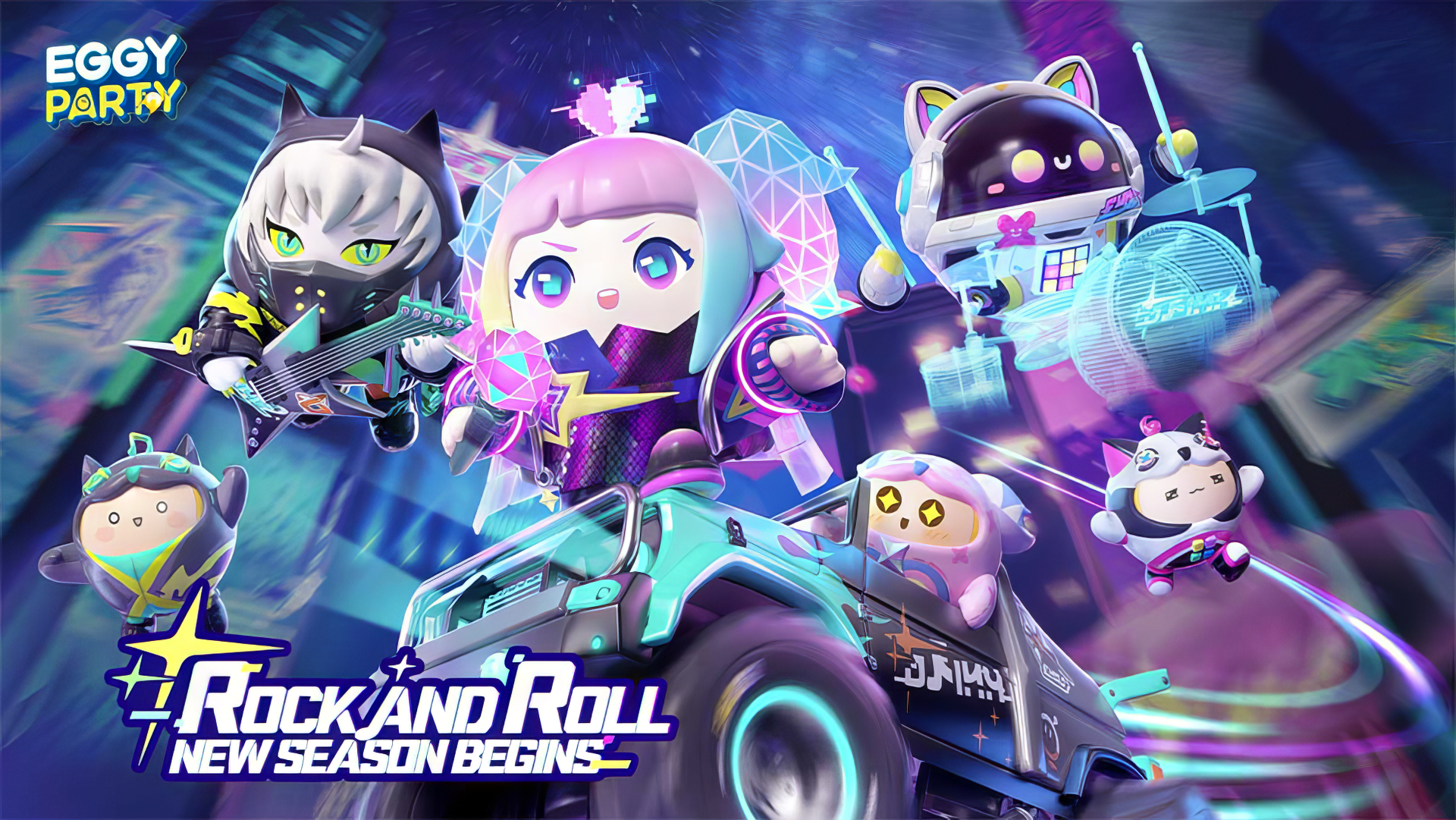 HD wallpaper featuring vibrant characters from the video game Eggy Party, showcasing a lively scene of fun and excitement in a neon-lit environment with a Rock and Roll theme.