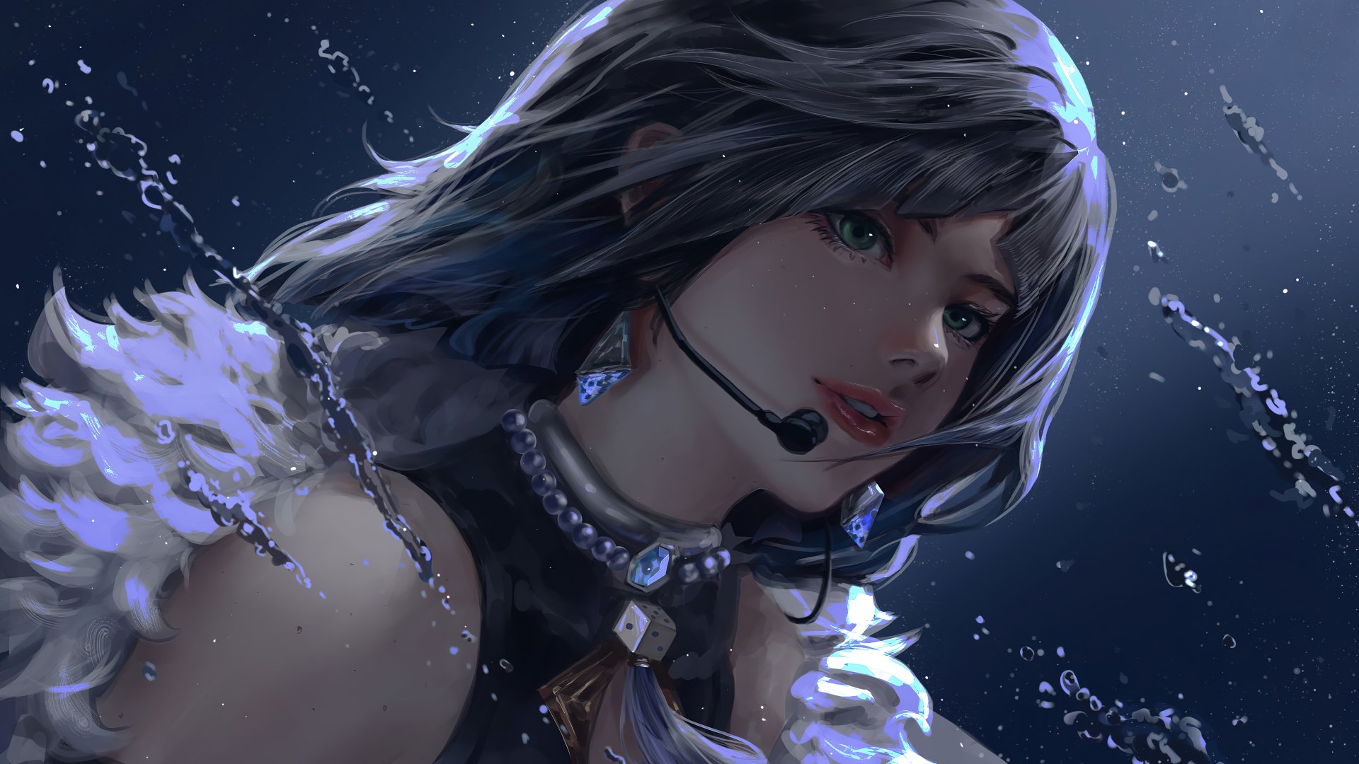 HD wallpaper featuring Yelan from Genshin Impact, depicted with flowing hair and water elements, showcasing her character's elegance and charm in a captivating underwater setting.