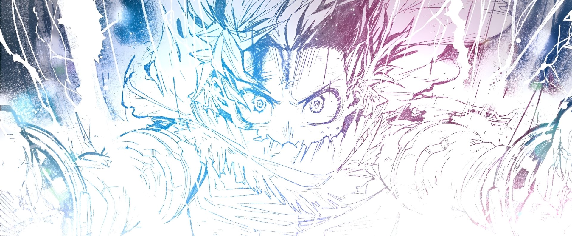 HD anime desktop wallpaper featuring a dynamic, sketch-style close-up of Izuku Midoriya from My Hero Academia with vibrant blue and pink accents.
