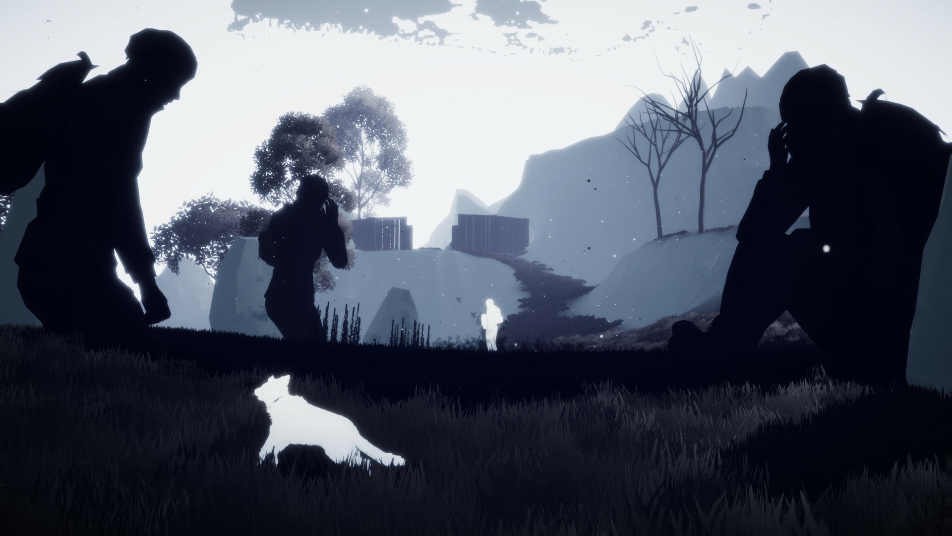 A captivating HD wallpaper from the video game Farewell North, featuring silhouetted figures in a serene landscape with a white fox, evoking a sense of mystery and exploration.