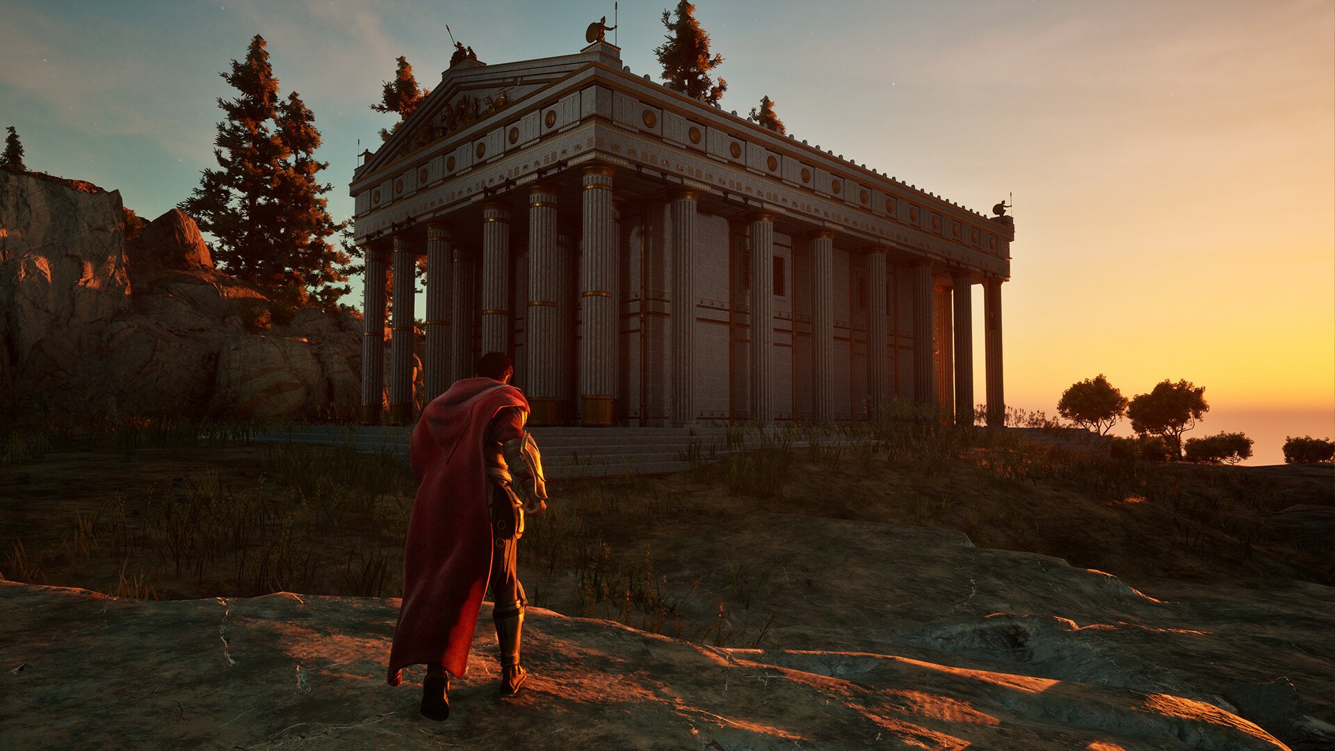 HD wallpaper from the video game Dawn of Defiance, featuring a hero in a red cloak standing before ancient columns at sunset, capturing a moment of adventure and grandeur.