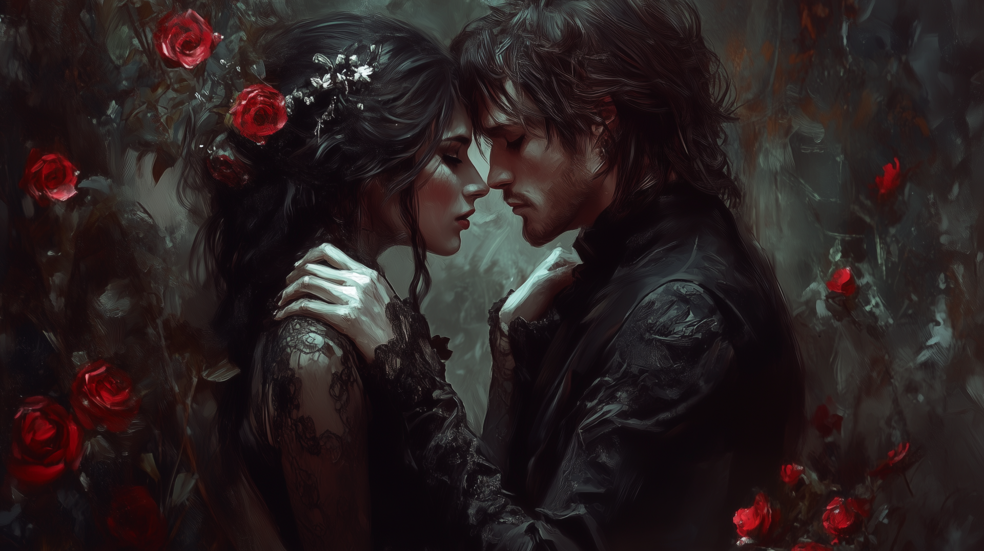 A captivating HD desktop wallpaper featuring elements of dark romance, setting a mysterious and passionate atmosphere for your background.