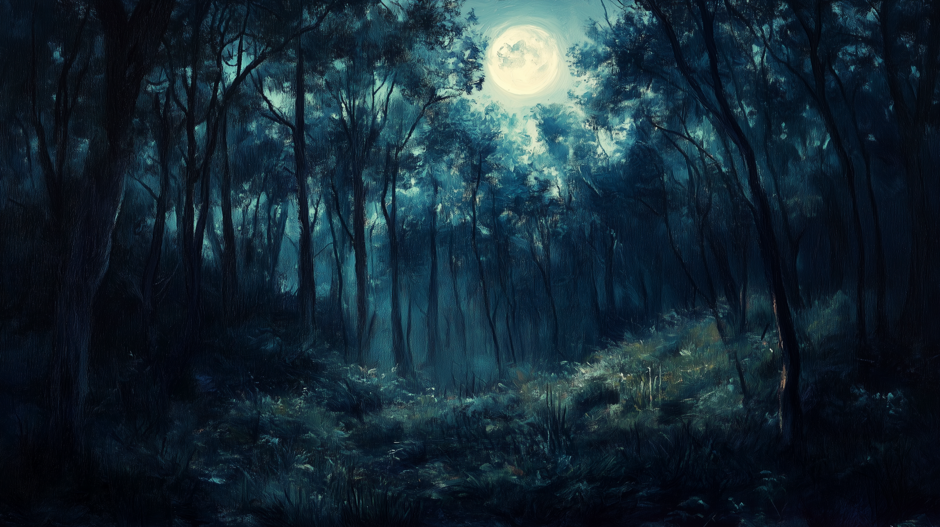 A serene moonlit forest scene, showcasing tall trees under a bright moon, creating a mystical atmosphere. This HD wallpaper captures the tranquility of a night surrounded by nature.