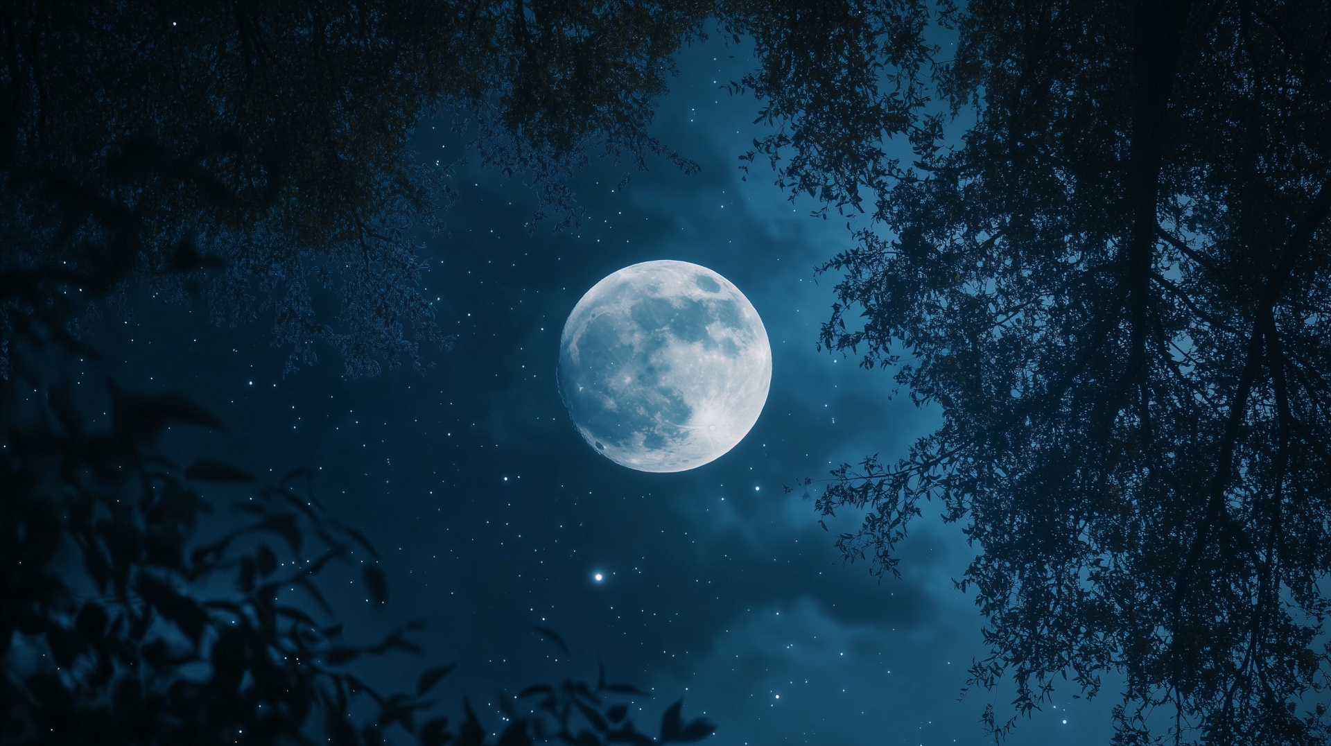 A stunning HD desktop wallpaper featuring a moonlit sky with a glowing moon surrounded by stars, framed by silhouettes of trees in the serene night.