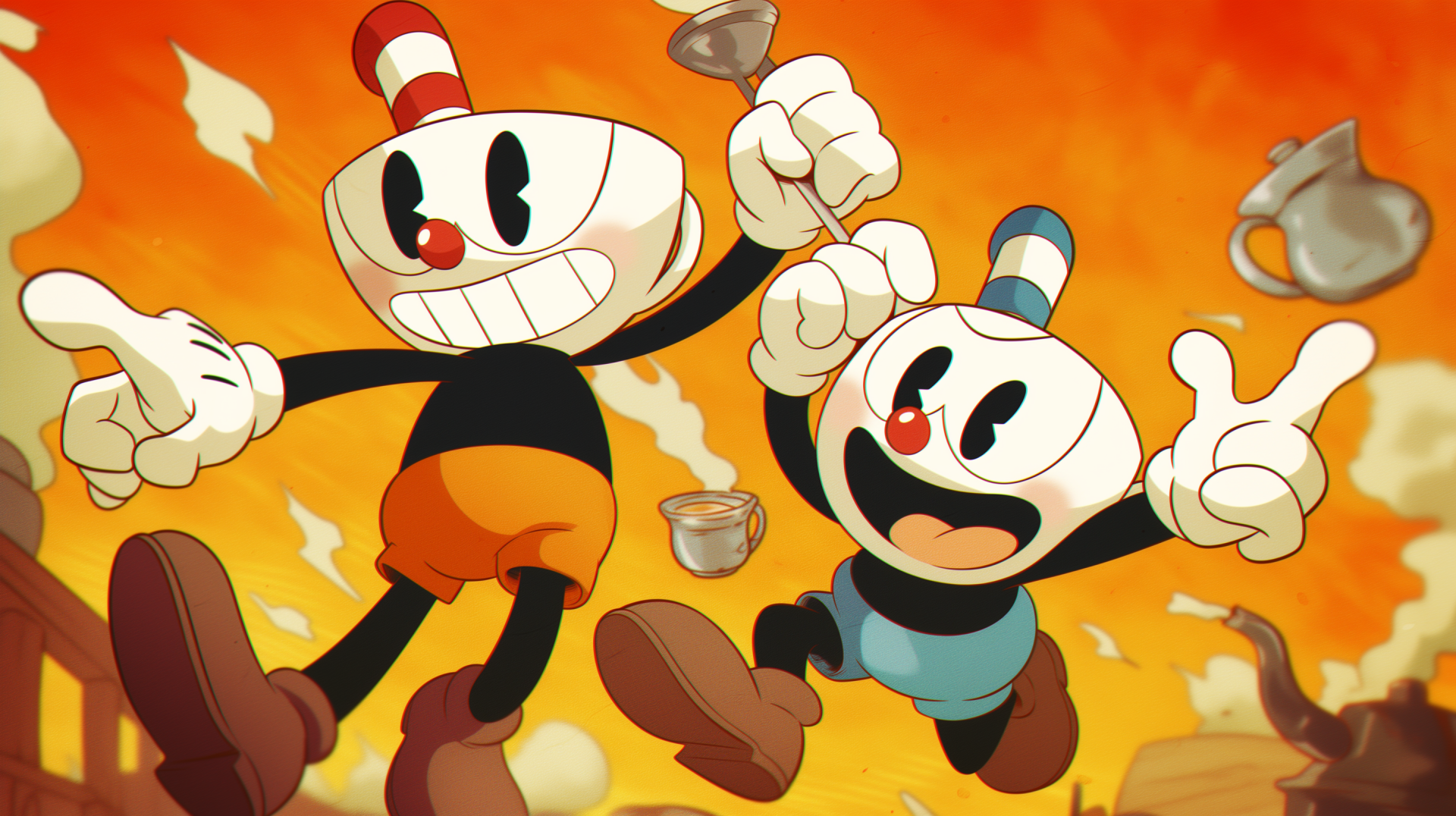 HD desktop wallpaper featuring vibrant characters and scenes from the video game Cuphead, showcasing its unique art style and dynamic gameplay.