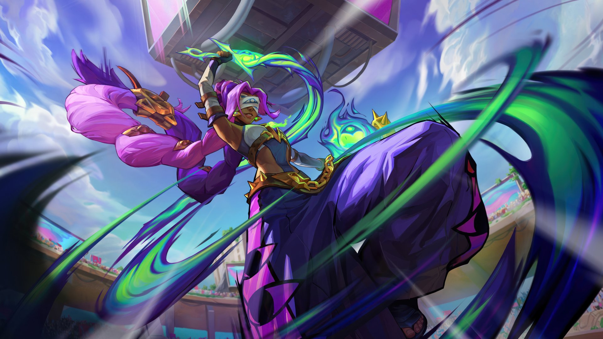 An HD wallpaper featuring Nilah from League of Legends, showcasing dynamic action with vibrant colors and a dramatic pose against an energetic background.