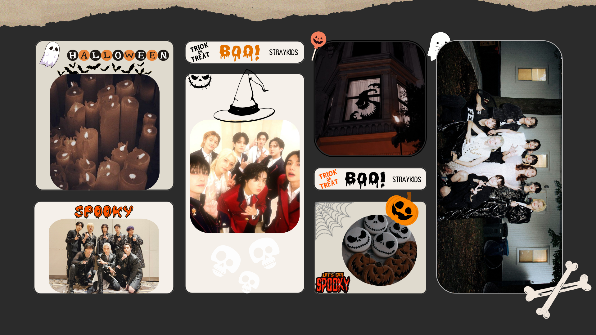 HD PC desktop wallpaper featuring Stray Kids in a Halloween-themed K-pop collage with spooky icons and dark, festive visuals.