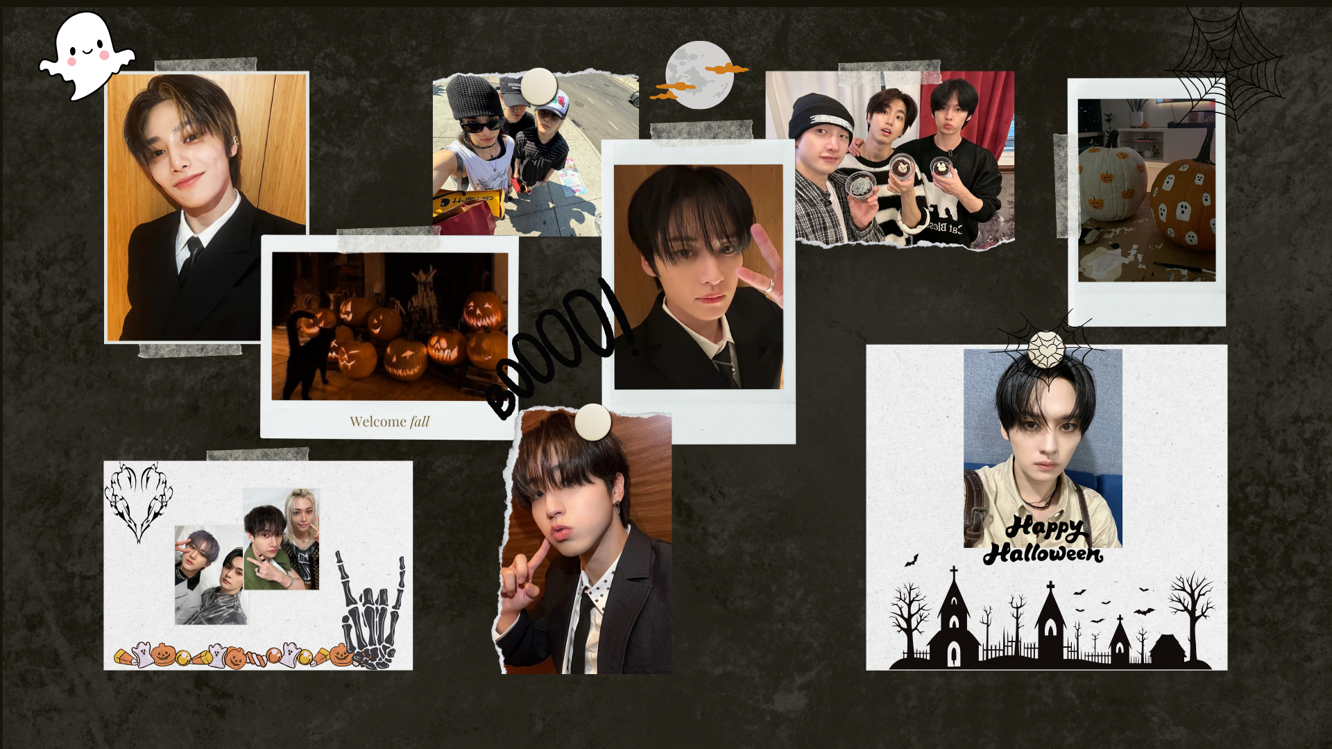 HD PC desktop wallpaper featuring a collage of Stray Kids photos and Halloween-themed elements, showcasing vibrant K-pop visuals and festive designs.