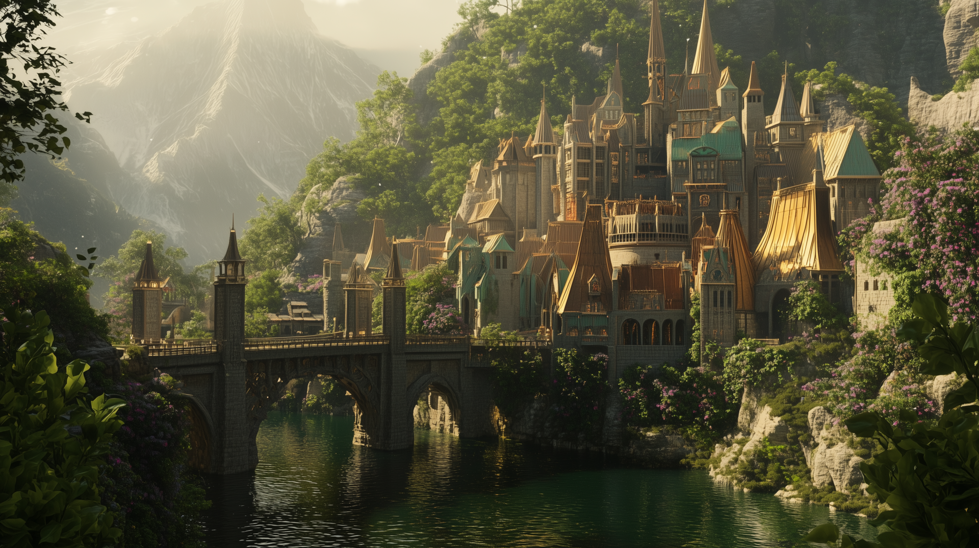 A stunning HD wallpaper of an enchanting elven city, nestled among lush greenery and mountains, featuring ornate architecture and a serene river winding through the landscape.
