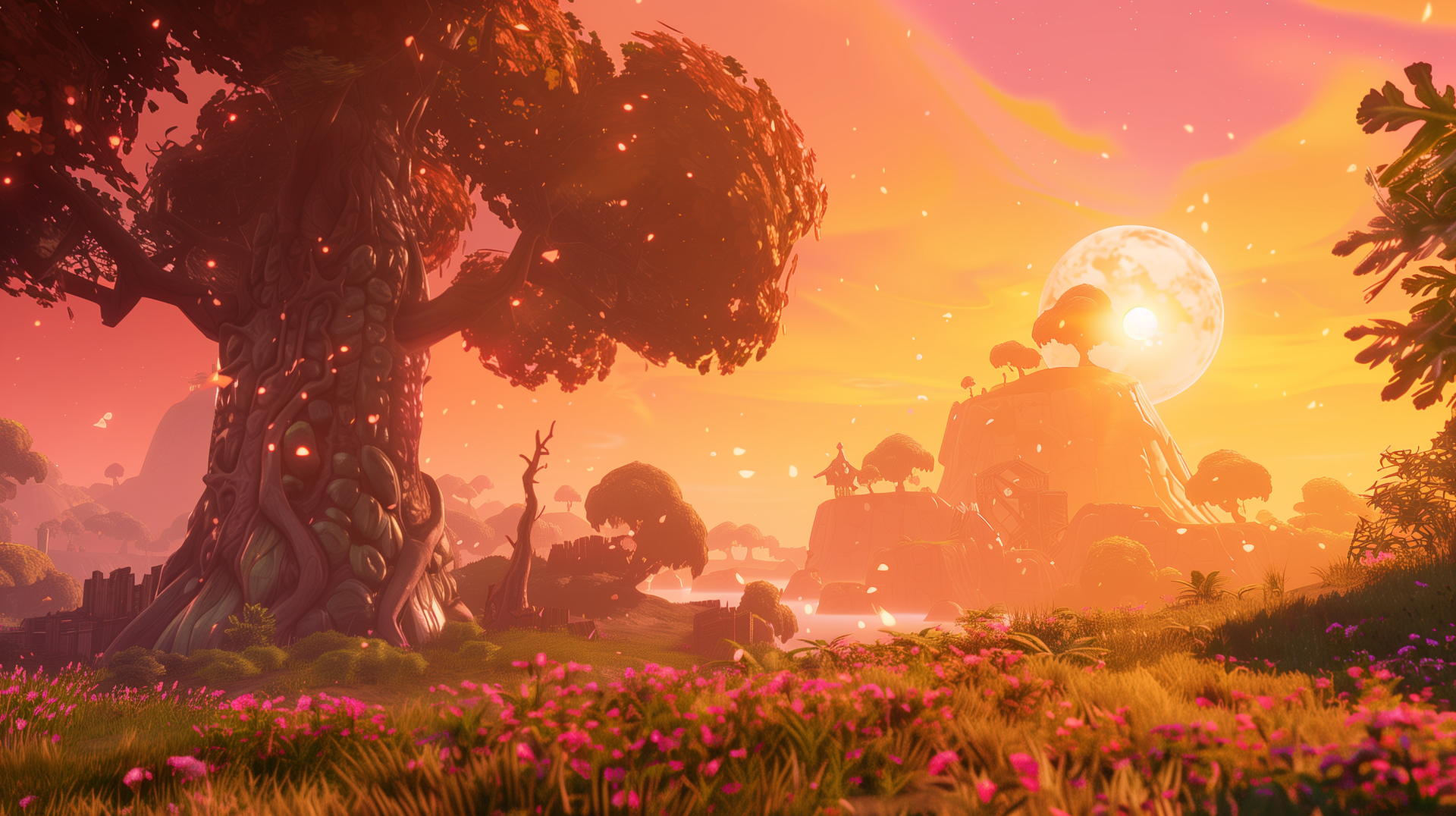 A vibrant Fortnite landscape featuring a majestic tree and a stunning sunset, adorned with colorful flowers, creating an immersive HD desktop wallpaper experience.