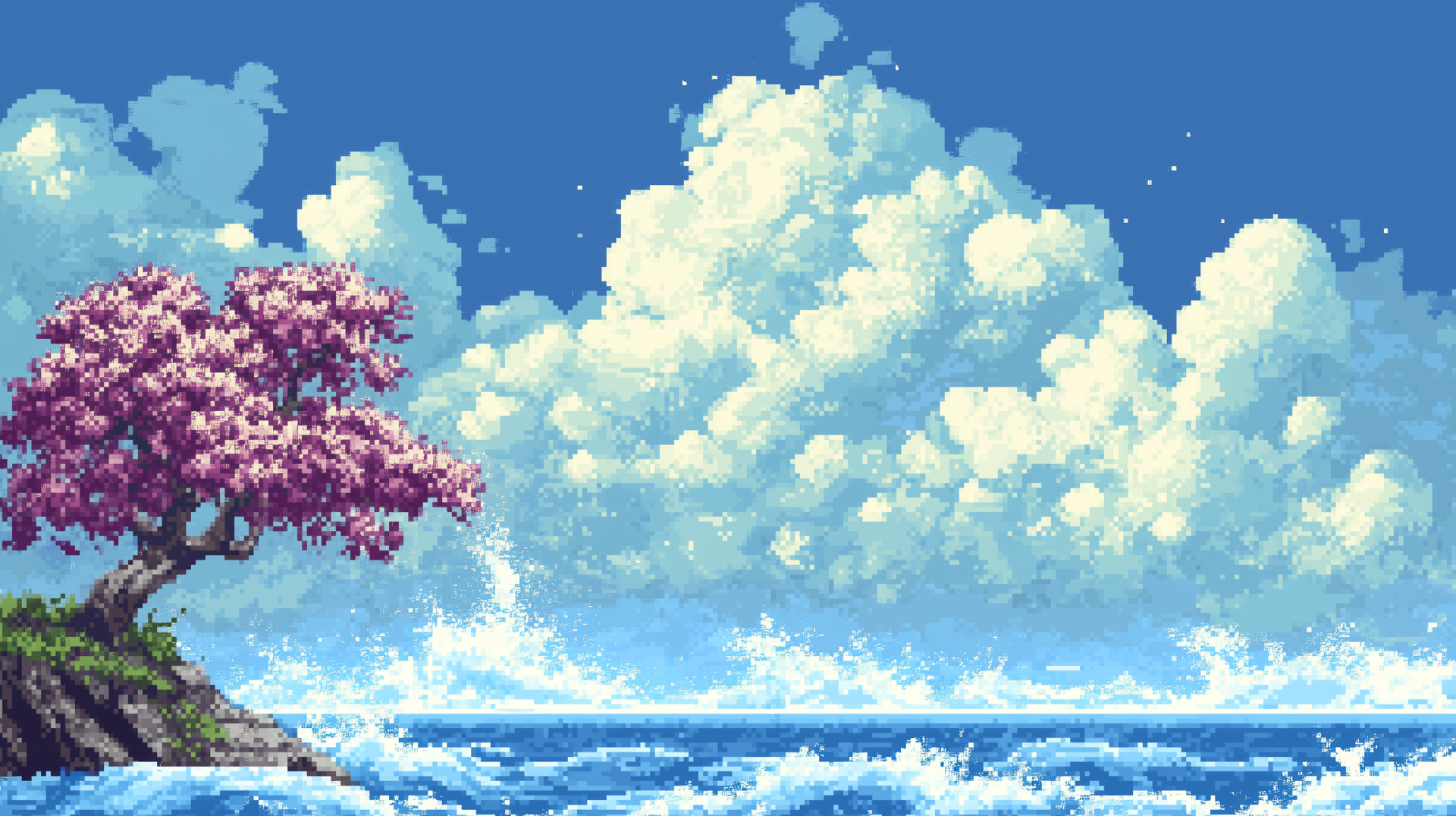 A pixel art representation of cherry blossoms overlooking a serene sea, designed for a vibrant HD desktop wallpaper and background.