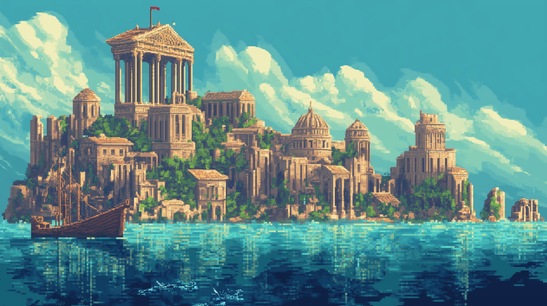 A vibrant pixel art depiction of the ruins of Atlantis, designed as a high-definition desktop wallpaper, blending ancient mythology with a modern aesthetic.