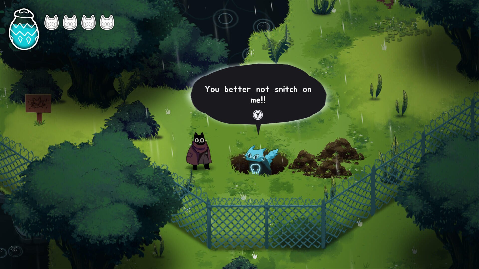 A vibrant HD desktop wallpaper featuring a scene from the video game Crypt Custodian, showcasing a character in a lush, green environment with a playful dialogue bubble.