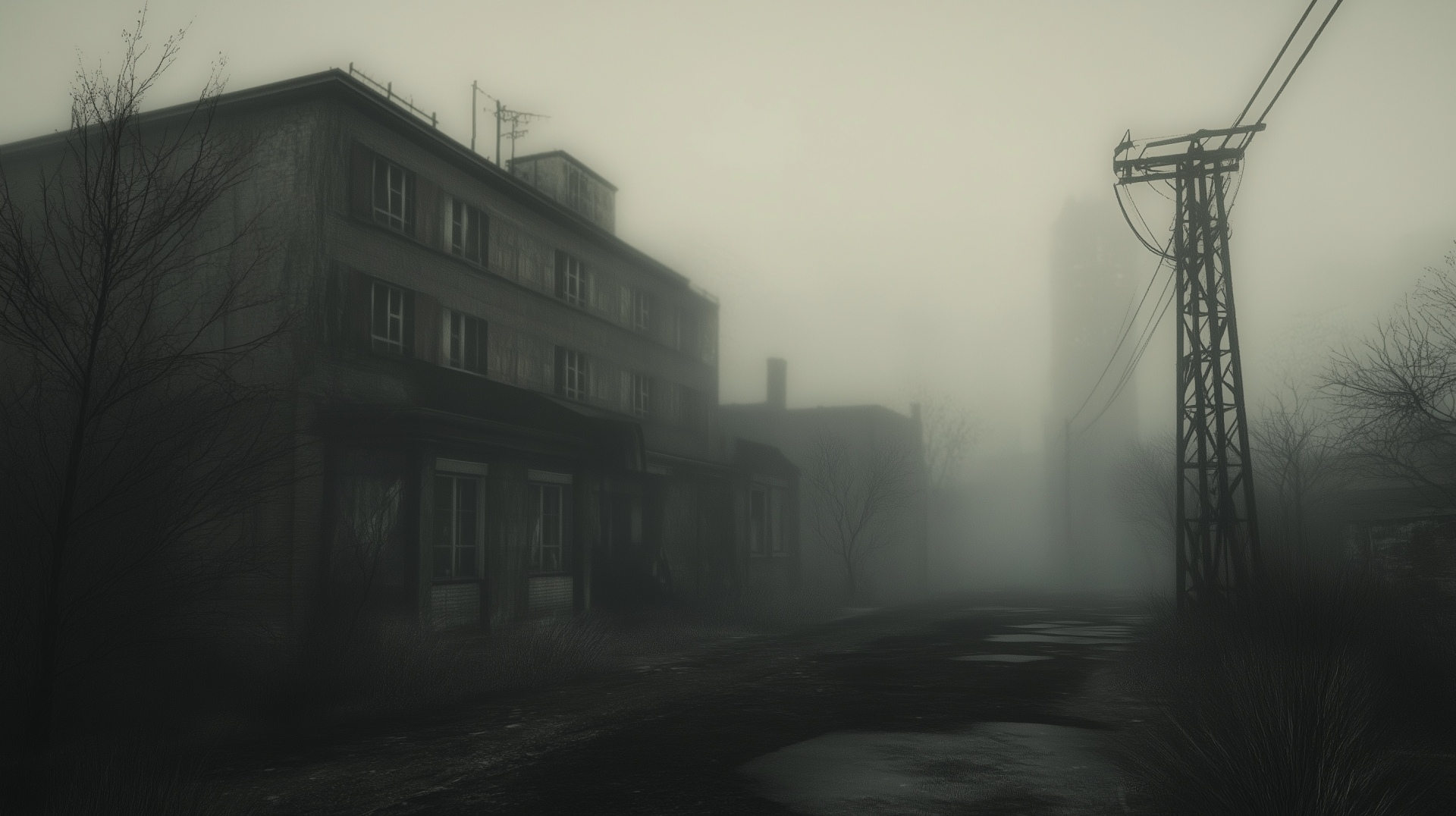 A haunting HD wallpaper inspired by Silent Hill, featuring a foggy, lonely landscape that captures the eerie essence of the video game atmosphere.