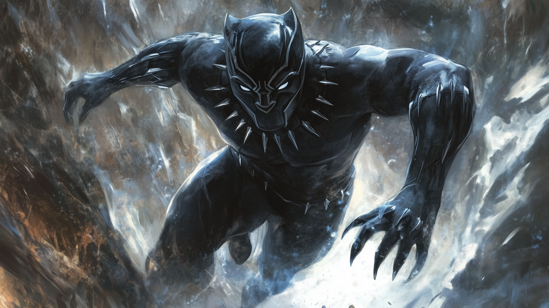 A stunning HD desktop wallpaper featuring Black Panther, the Marvel Comics superhero, poised for action amidst a dynamic, powerful backdrop.