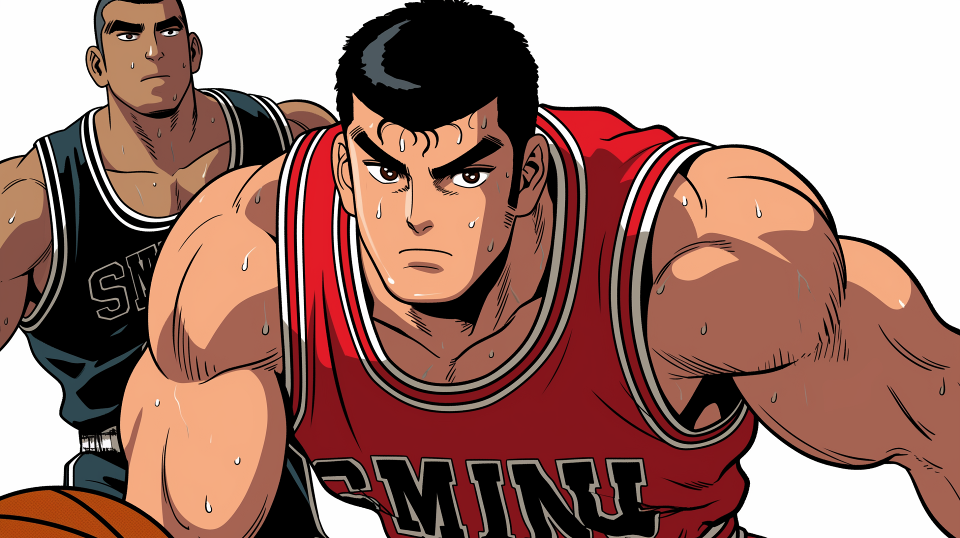 Anime-inspired HD desktop wallpaper featuring Takenori Akagi from Slam Dunk, showcasing his intense determination and athleticism on the basketball court.