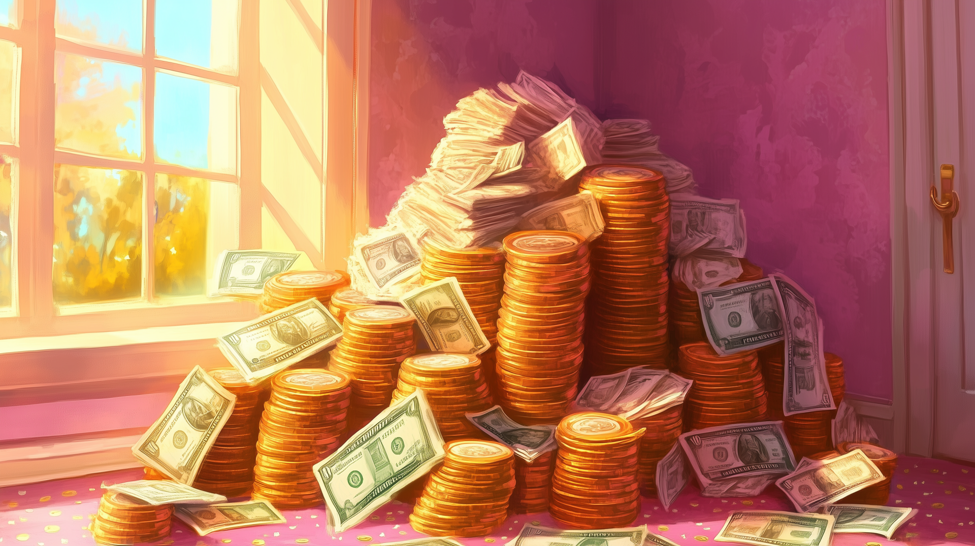 A vibrant HD desktop wallpaper featuring a large pile of coins and stacks of dollar bills, illuminated by warm sunlight streaming through a window.