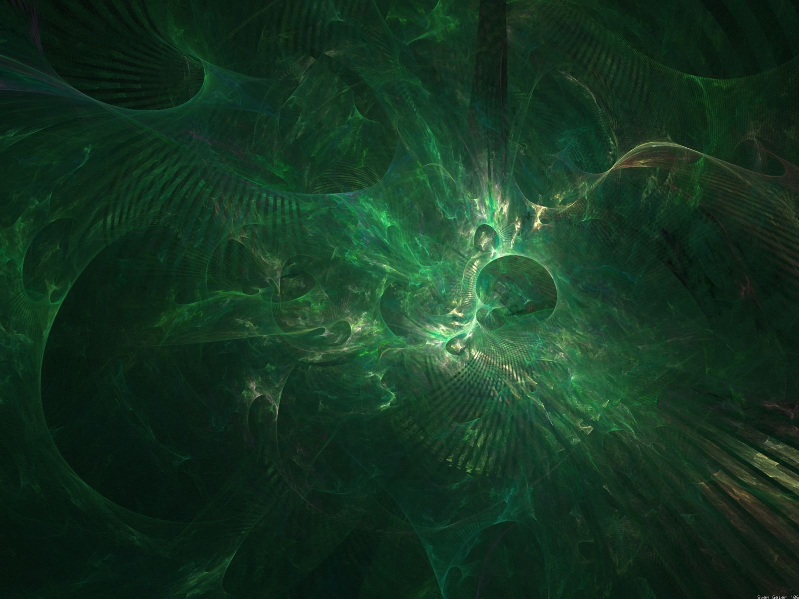 An abstract fractal design showcasing vibrant green hues and intricate patterns, creating a captivating HD wallpaper background.