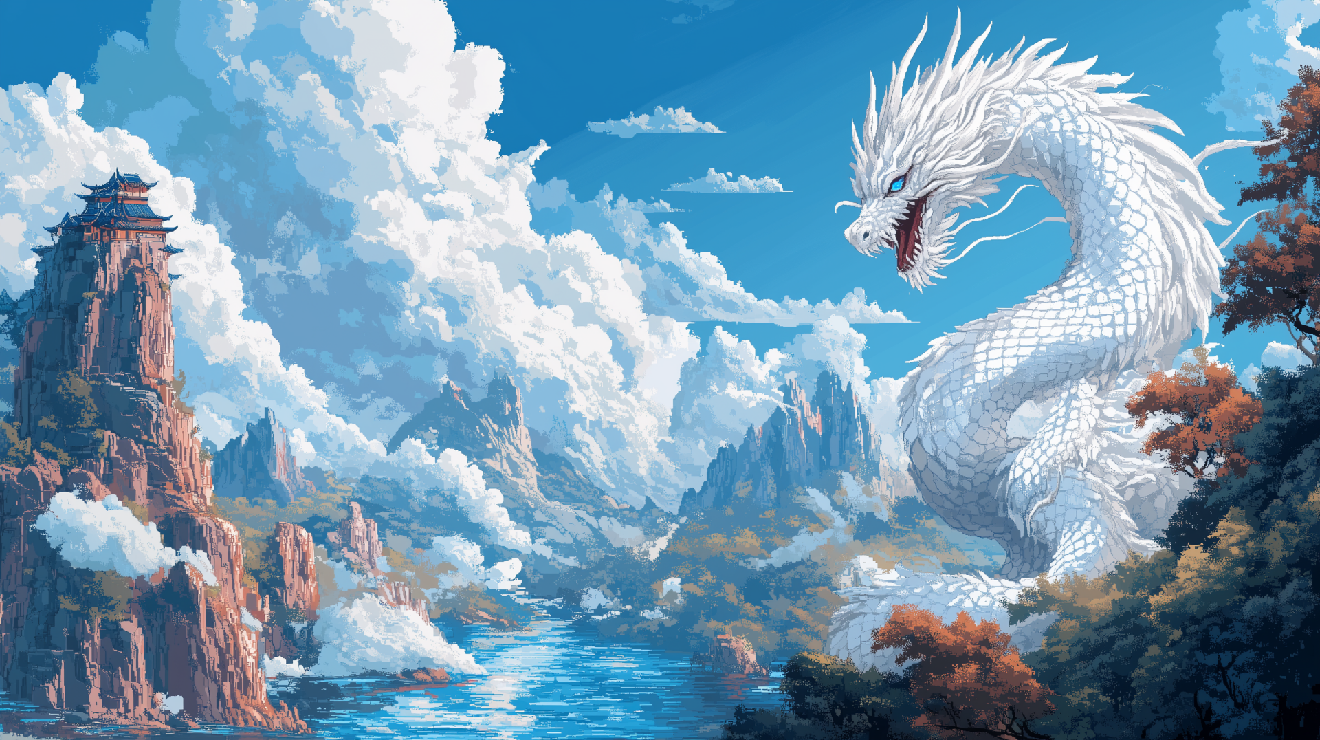 HD pixel art of a majestic white Japanese dragon soaring over a serene mountainous landscape with a river, inspired by traditional Japan and created with AI art.