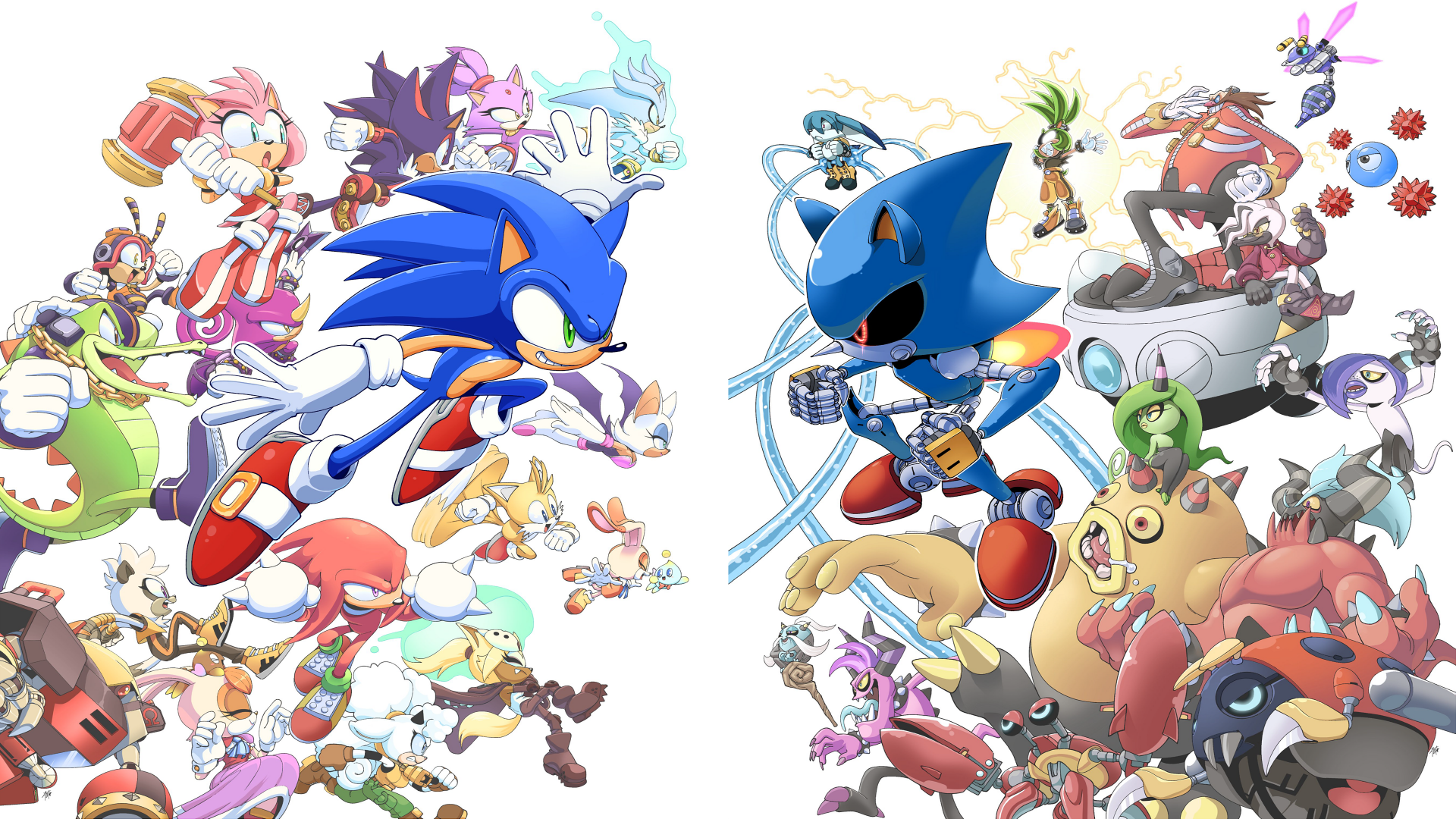4K Ultra HD desktop wallpaper featuring Sonic the Hedgehog characters from Sonic the Comic and IDW series in dynamic action poses.