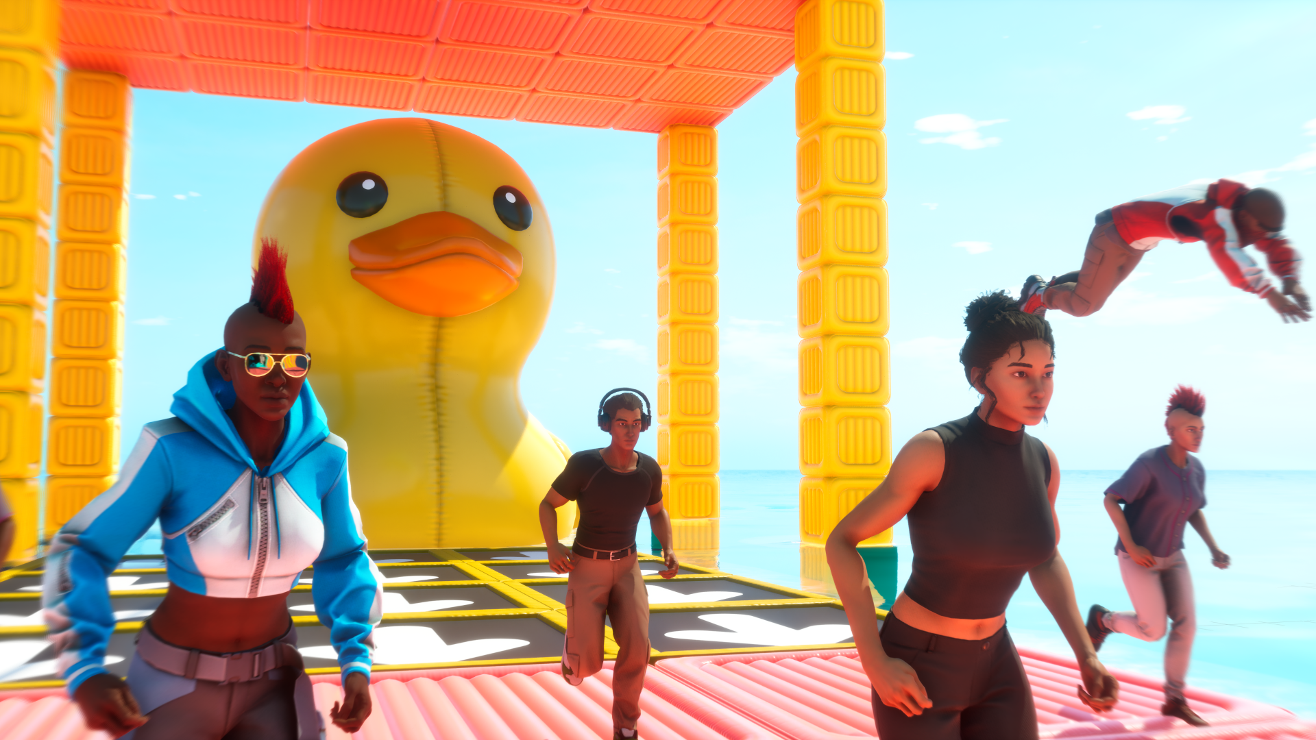 A vibrant HD desktop wallpaper featuring characters from a video game racing toward a giant inflatable duck, showcasing dynamic movement and a colorful backdrop.