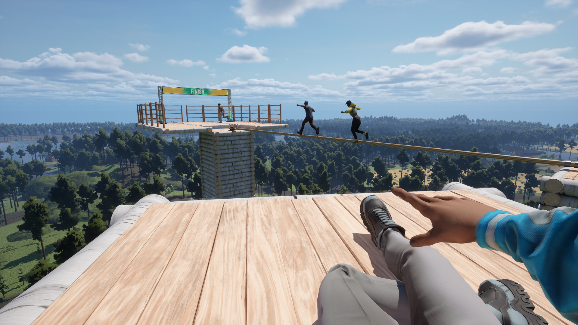 A dynamic HD desktop wallpaper showcasing a vibrant video game scene where characters execute super moves on a tightrope high above a lush landscape under a bright sky.