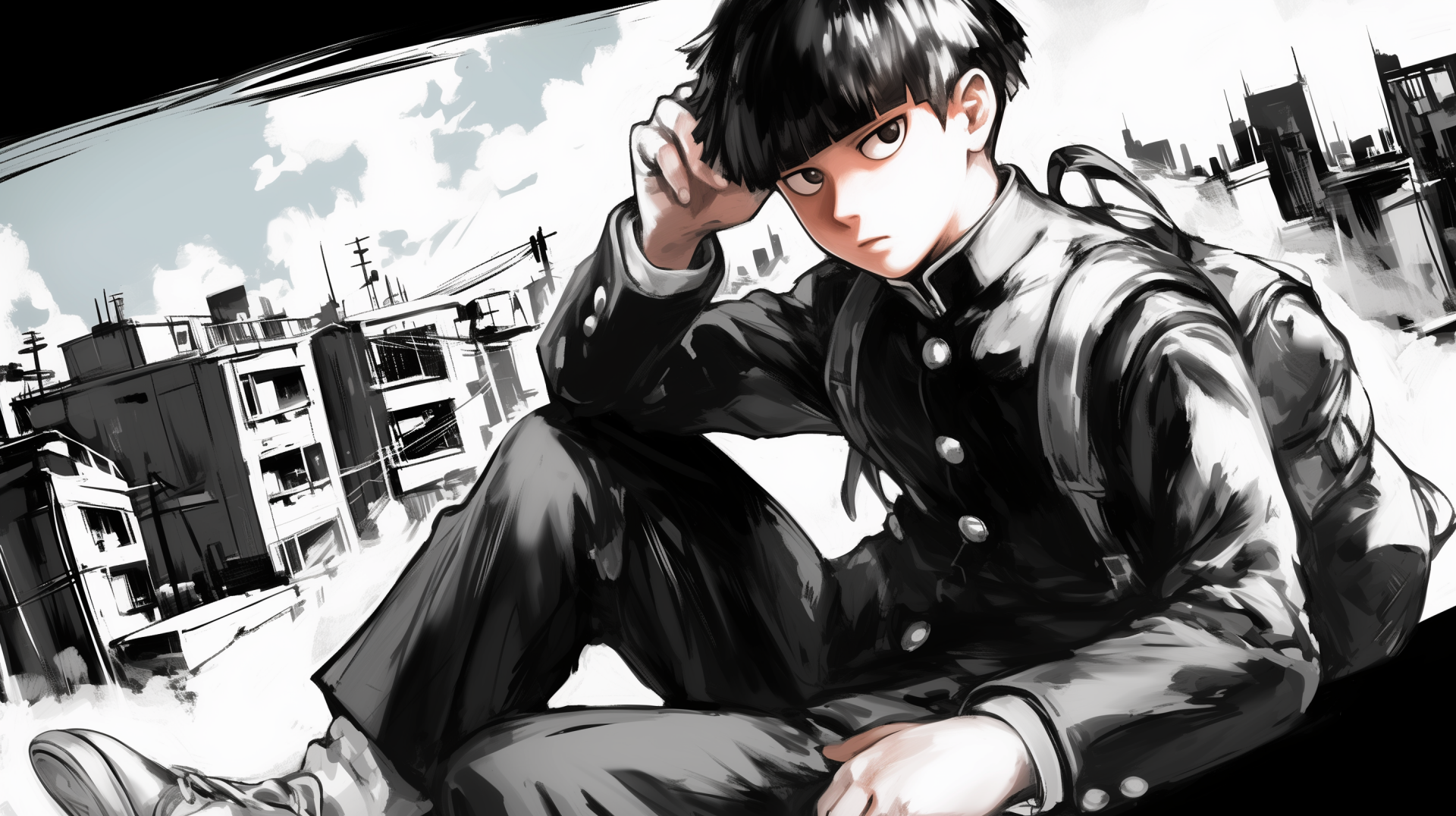 HD wallpaper featuring Shigeo Kageyama from Mob Psycho 100, sitting contemplatively against an urban backdrop with a striking black and white aesthetic.
