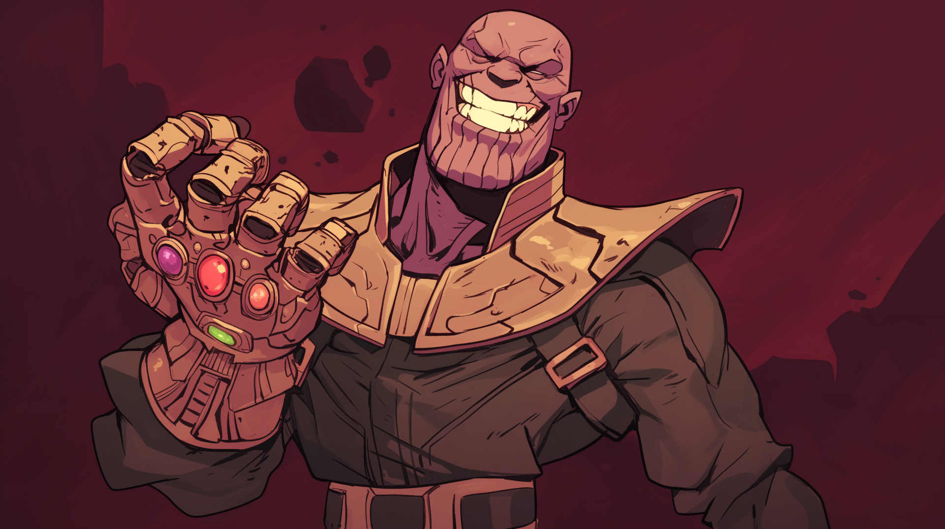 A dynamic comic-style illustration of Thanos, featuring his iconic Infinity Gauntlet. This HD desktop wallpaper showcases the character's menacing grin against a bold background.